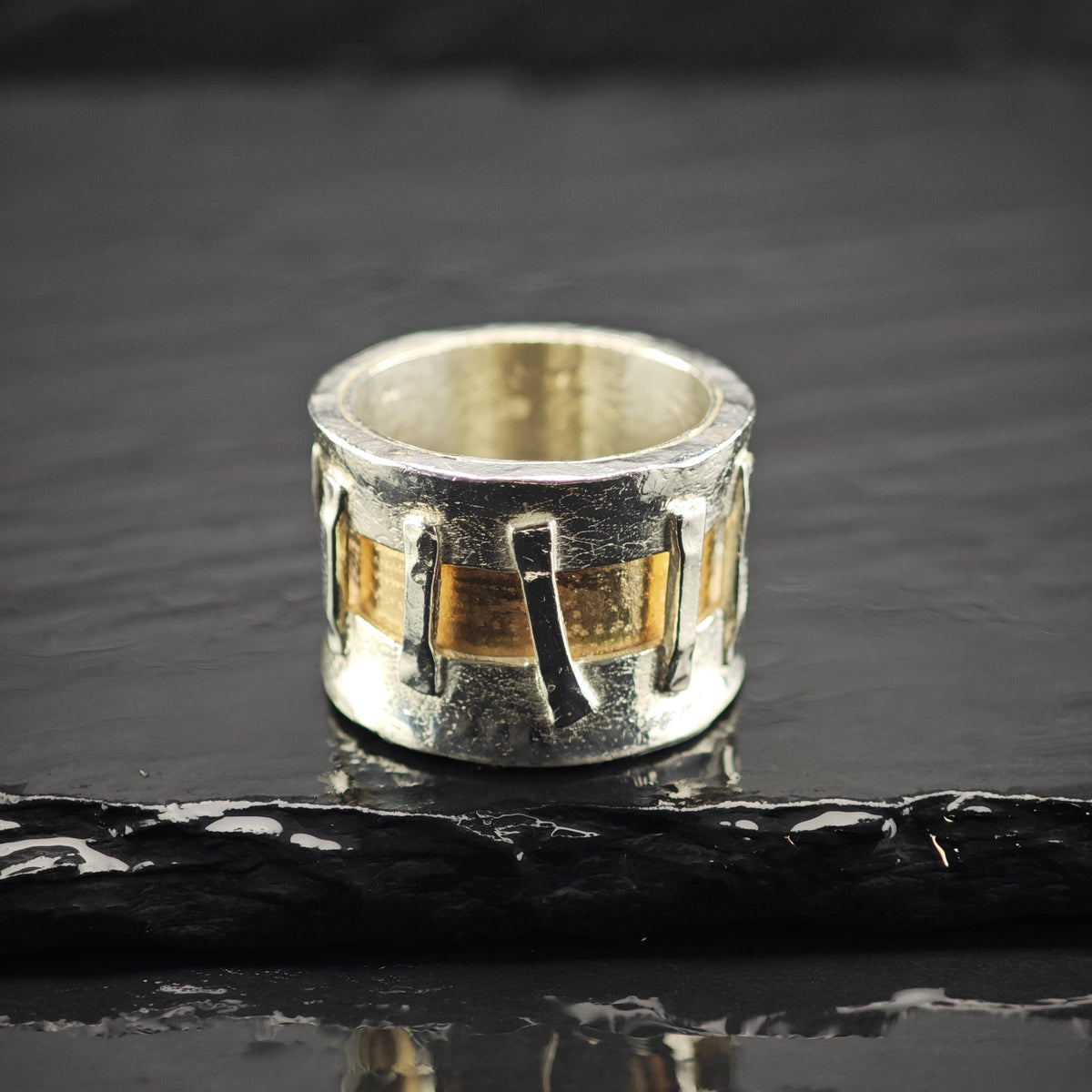 Abstract Modernist 14K Accent Thick Band Sterling Silver Ring Sz 9 R6811