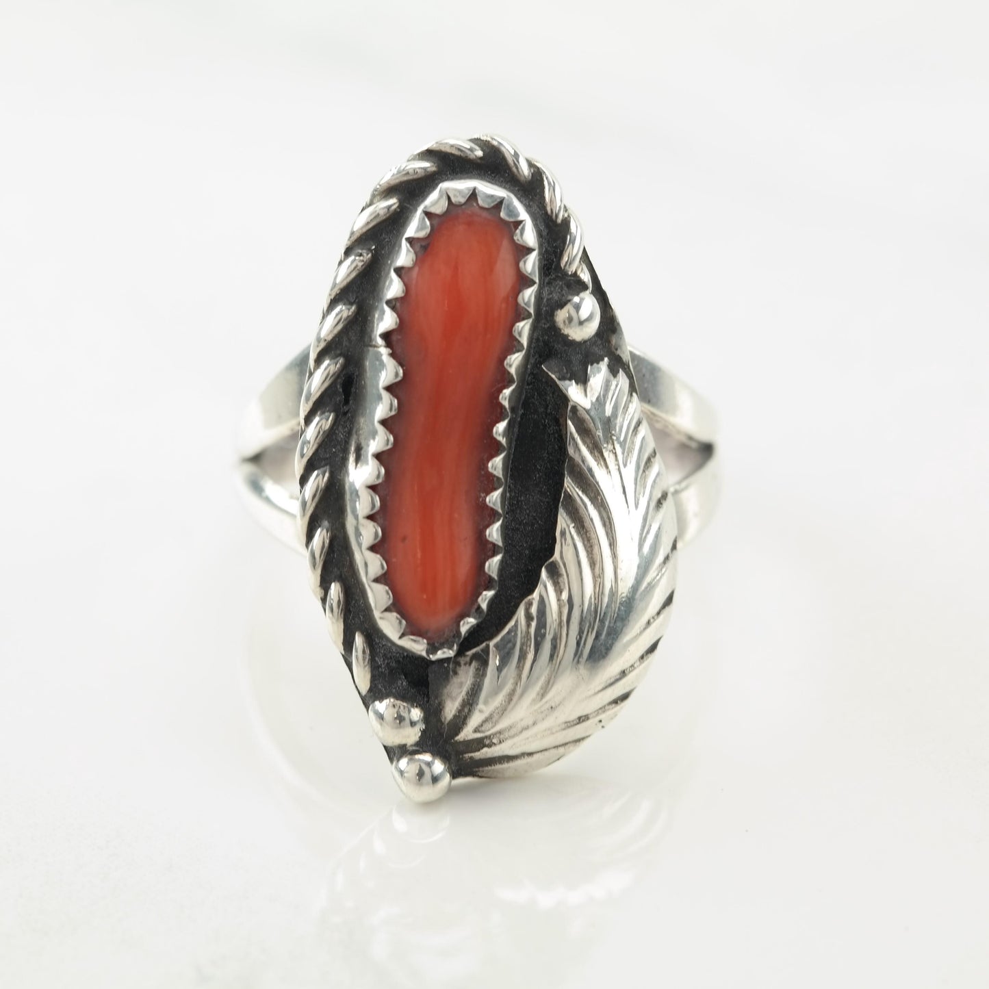 Native American Coral, Floral Sterling Silver Ring Size 6 1/2