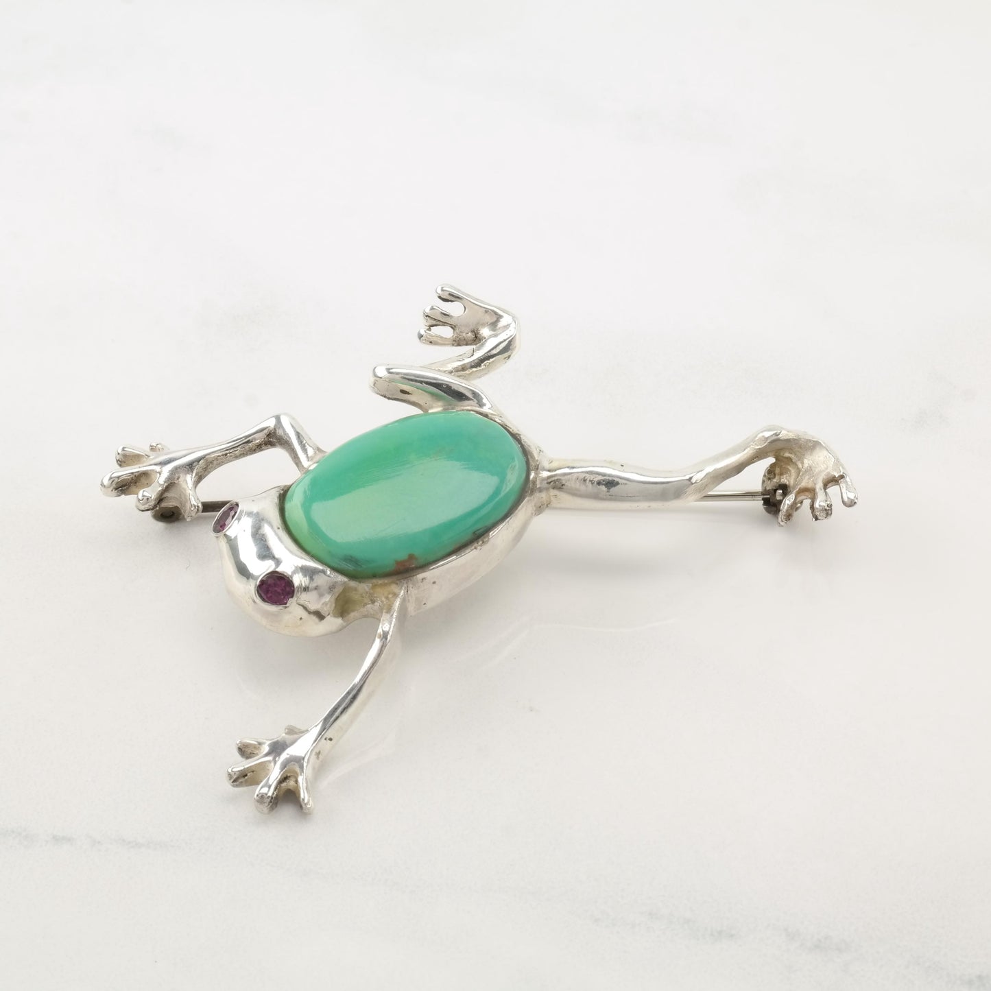 Vintage Southwest Drozd Turquoise, Amethyst Sterling Silver Frog Brooch