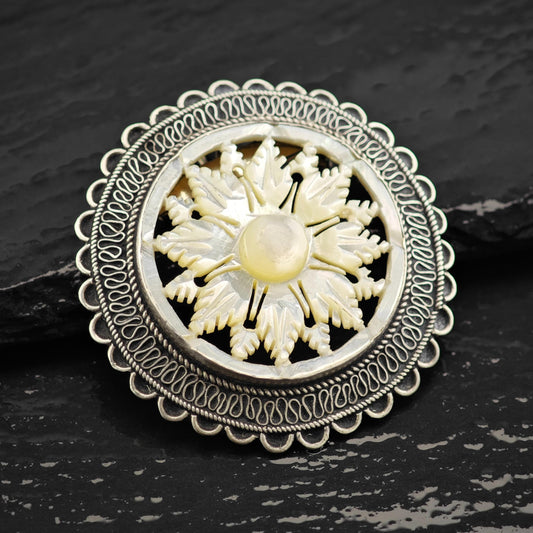 Jerusalem Snowflake, Carved MOP Brooch Pendant Sterling Silver