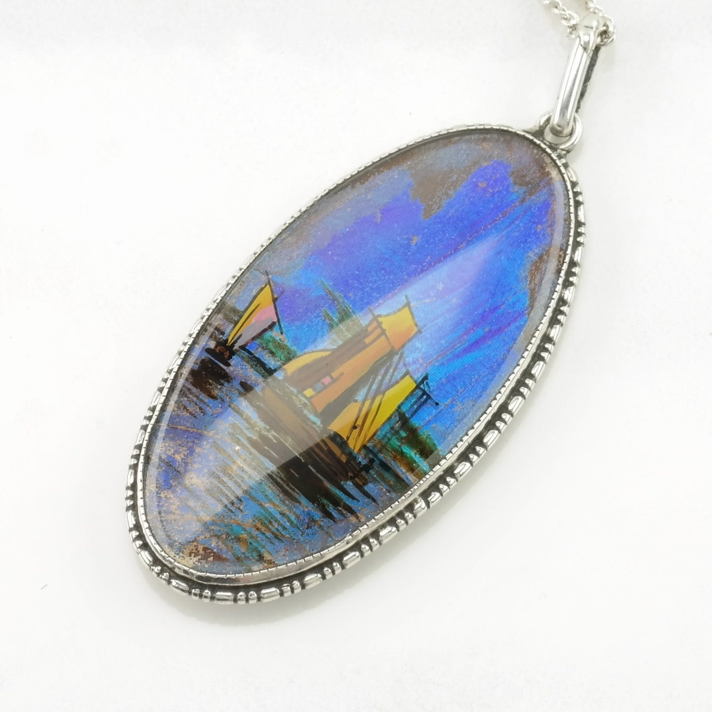 Vintage English Sterling Silver Blue, Iridescent Butterfly Wing Painted Boats Necklace