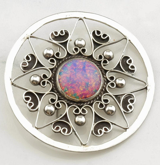 Circle Silver Brooch Opalized Glass Filigree Sterling