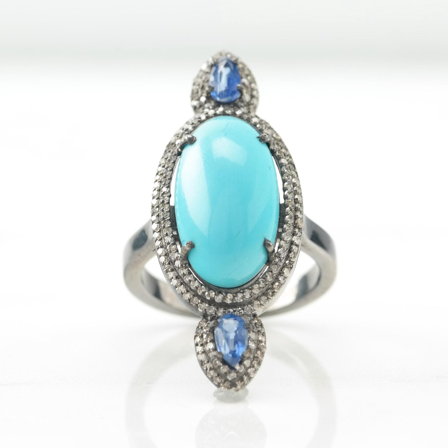 Oxidized Silver Sapphire Diamond Ring Block Turquoise Sterling Sz7 R5476