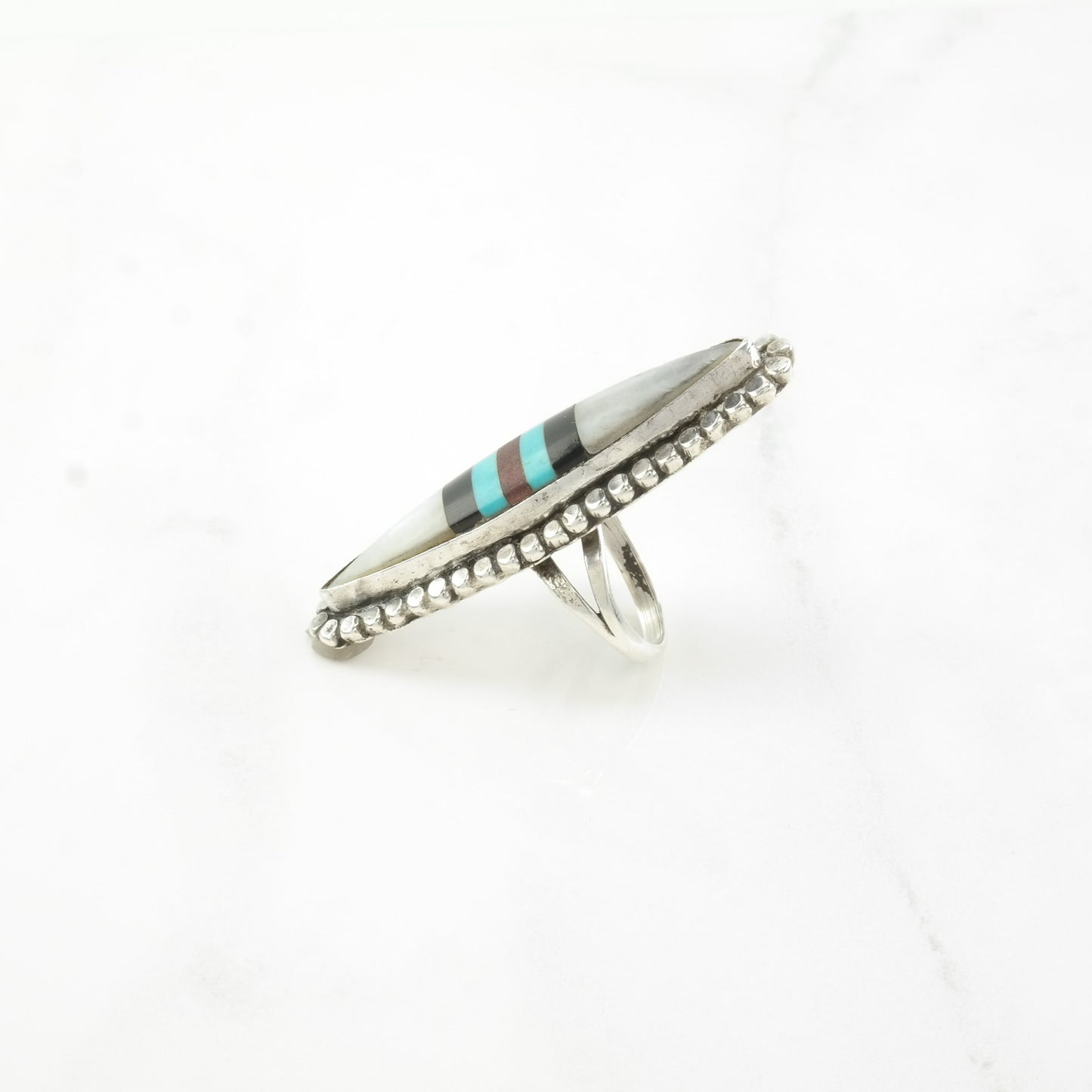 Zuni Silver Ring MOP Onyx Turquoise Navette Long Oval Inlay Sterling Size 6 1/2