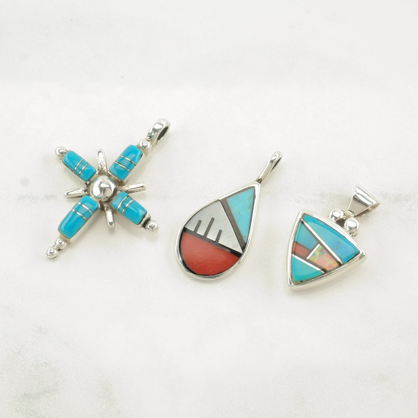 Vintage Southwest Turquoise, Multi Gemstone Inlay Sterling Silver Pendant