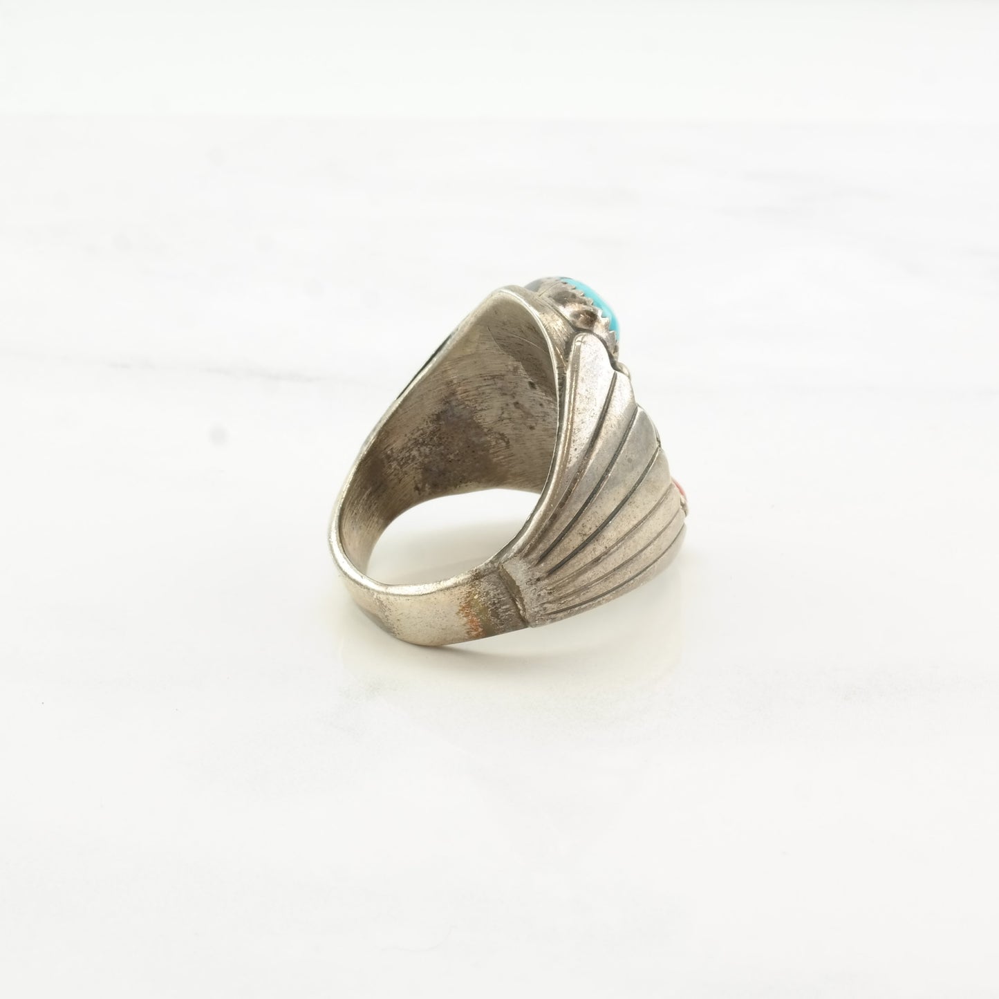 Native American Silver Ring Turquoise Coral Leaf Swirl Sterling Size 11