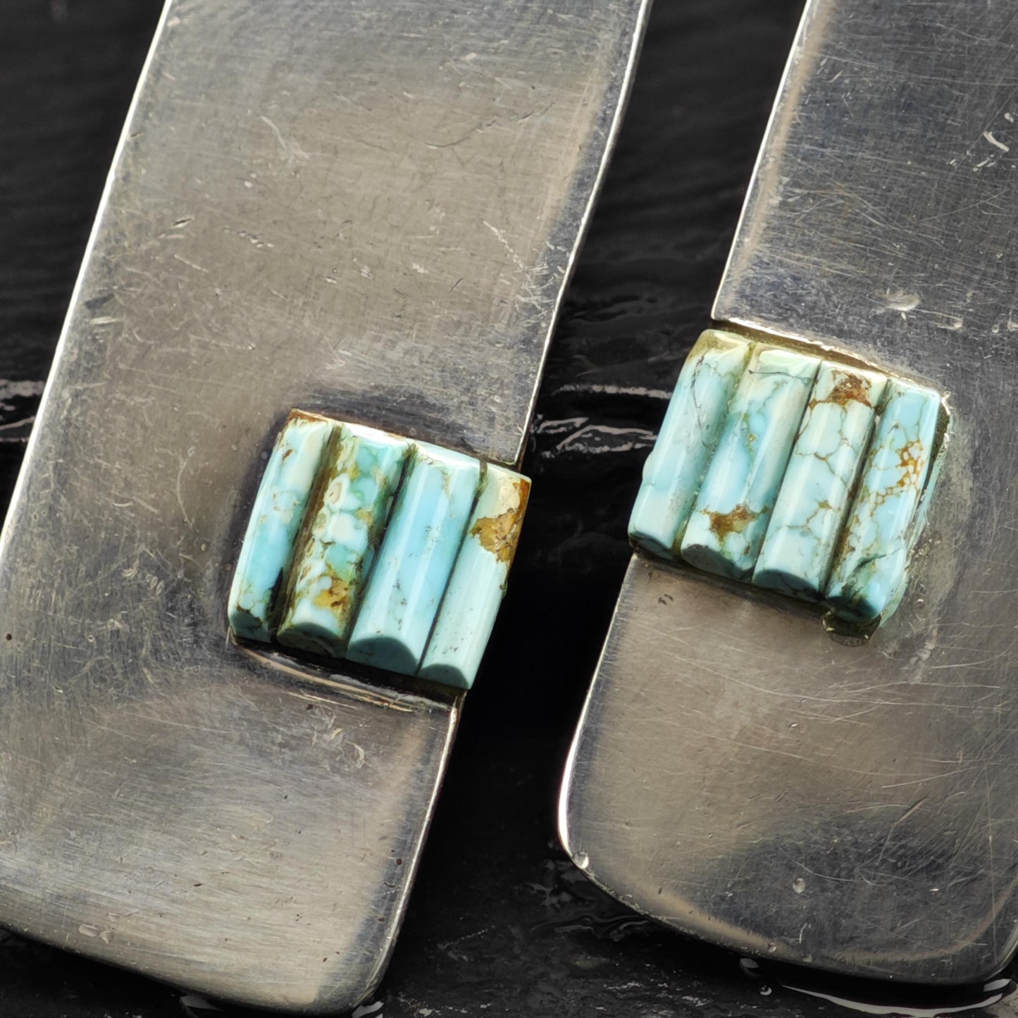 AS IS, Native American #8 Turquoise Cobble Stone Inlay Sterling Silver Stud Earrings ER3120