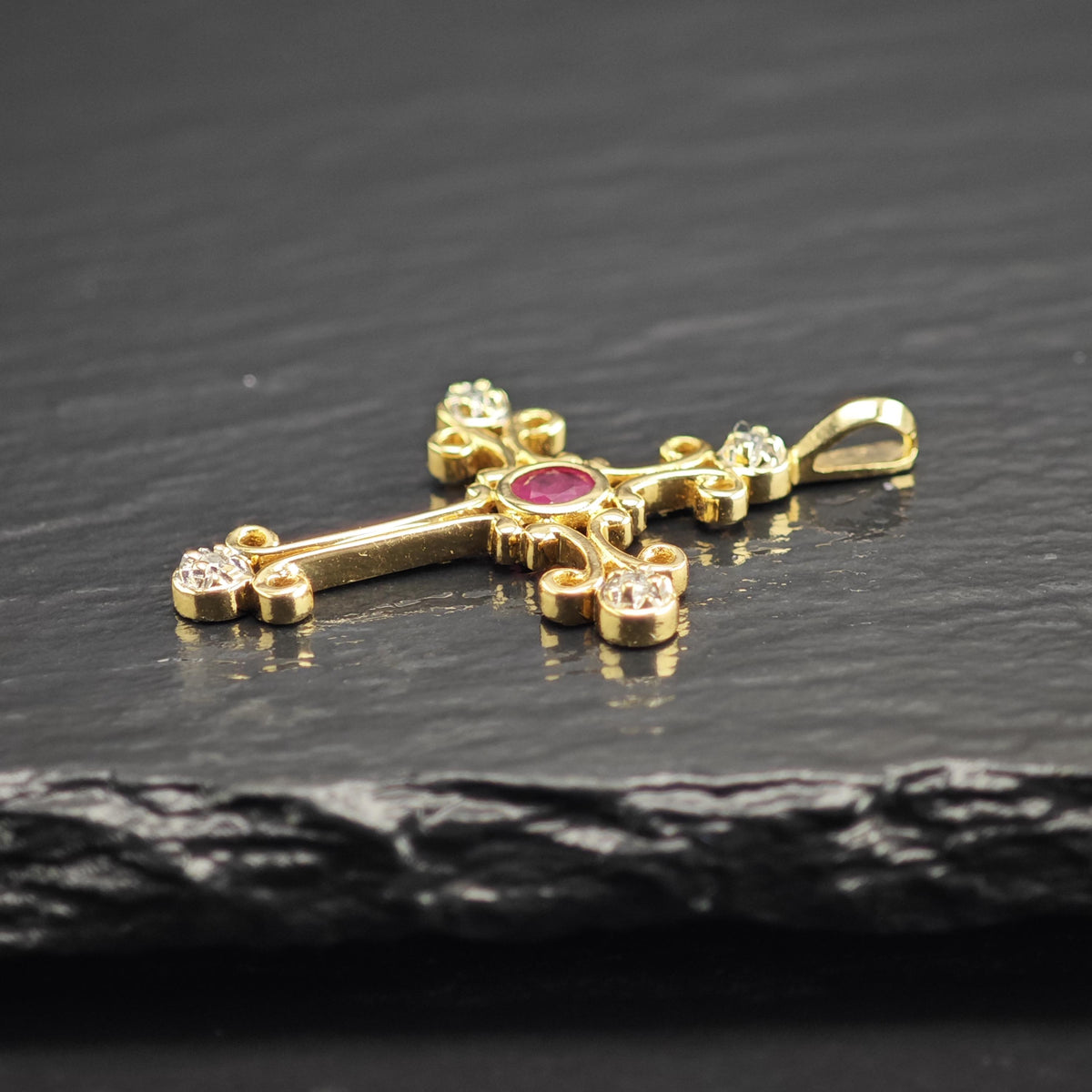 Natural Ruby Diamonds 14K Gold Cross Pendant P3103