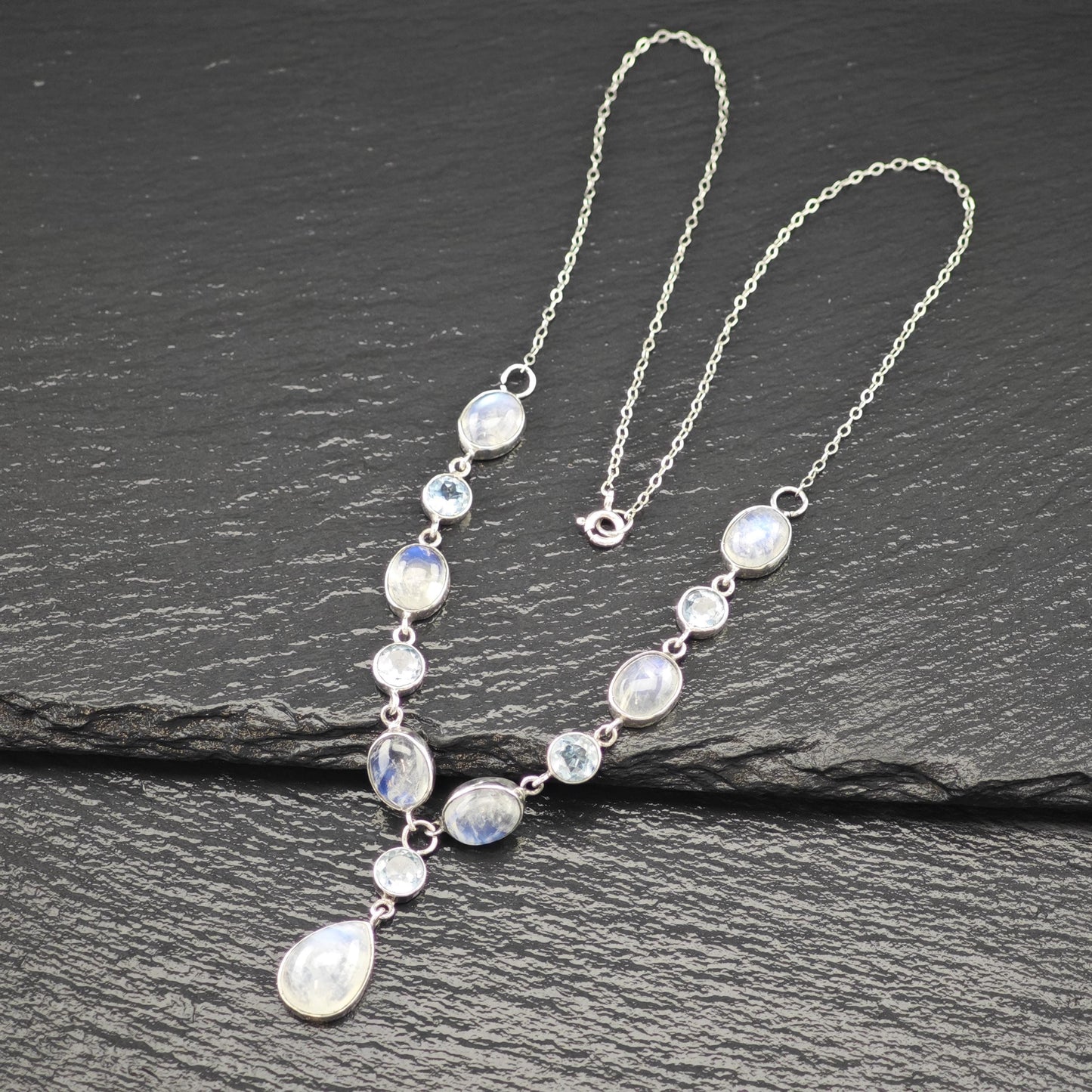 Lariat Sterling Silver Blue Moonstone Topaz Necklace