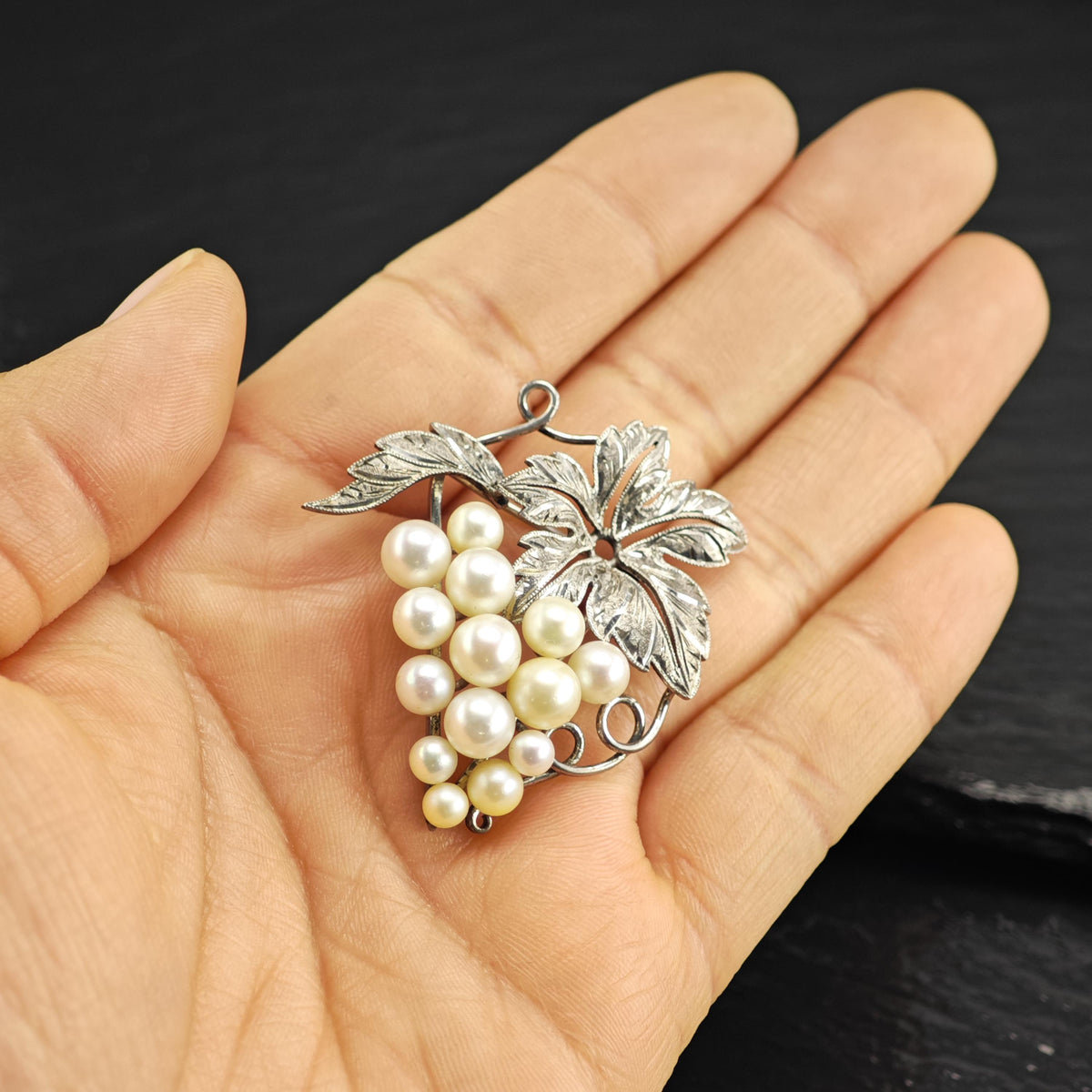Japan Akoya Cultured Pearls, Grape Vine Sterling Silver Brooch B2260