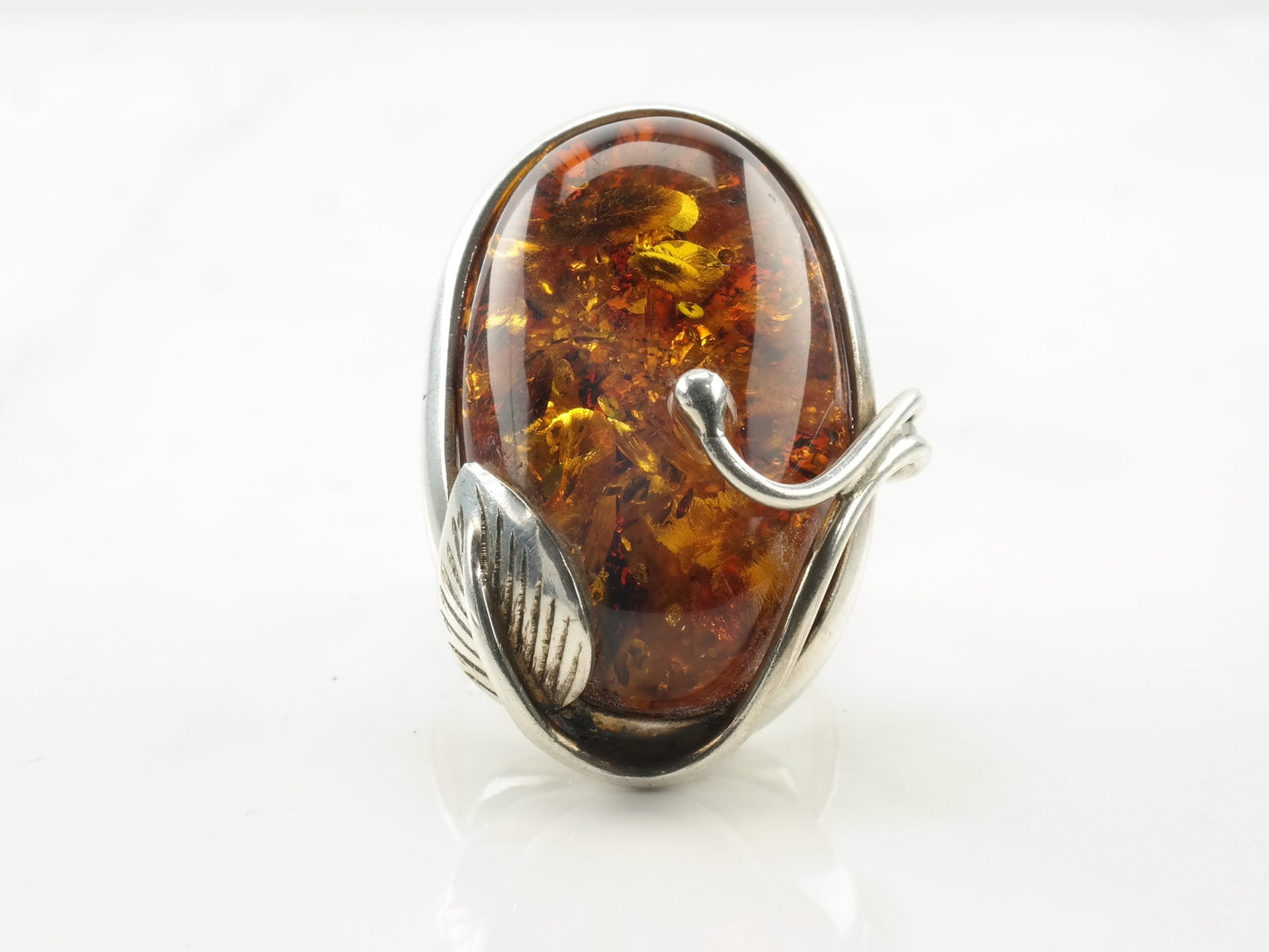 Vintage Sterling Silver Ring Amber Oval Leaf Size 7 3/4