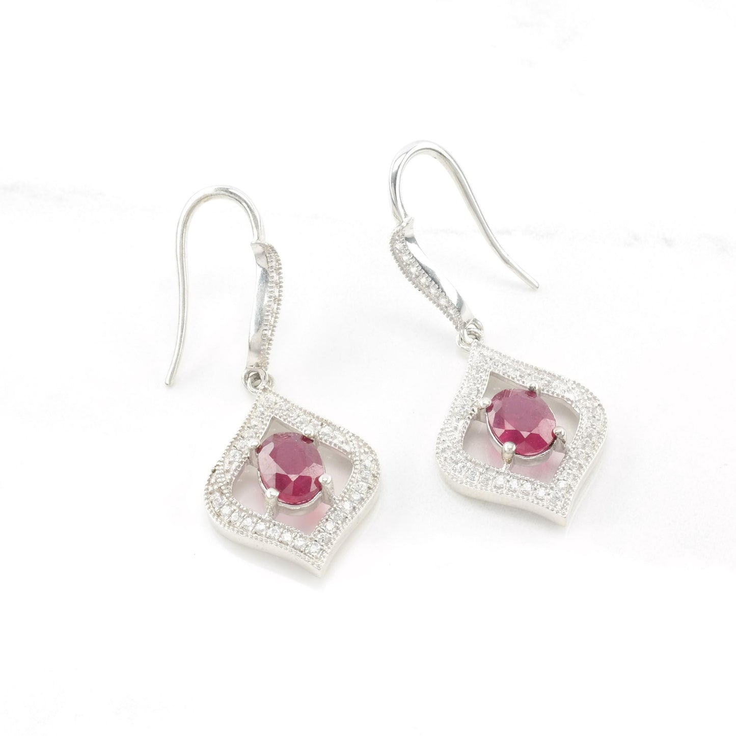 Vintage Ruby Sterling Silver Fish Hook Dangle Earrings Pink Glass Filled