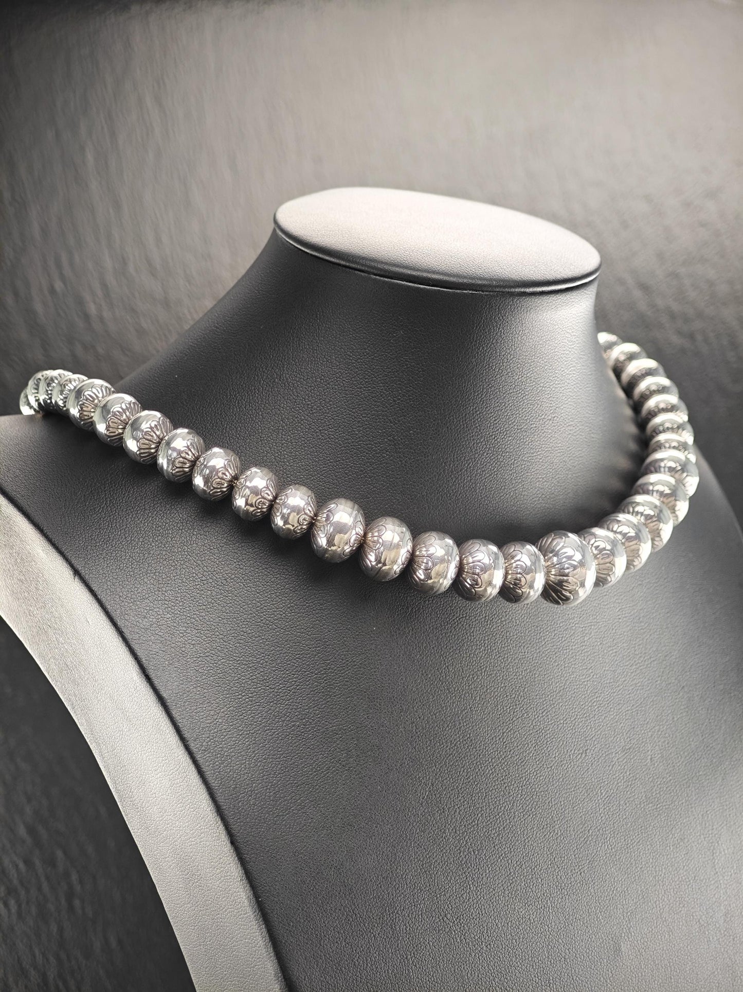 Native 17-8mm, Graduated Stamped Beaded, Necklace Sterling Silver N2512