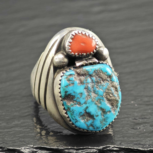 Vintage Heavy Turquoise & Coral Sterling Silver Ring Sz 10 3/4 R6632