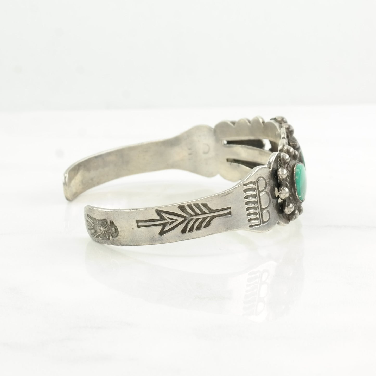 Fred Harvey Era Sterling Silver Cuff Bracelet Green Pilot Mountain, Turquoise Floral