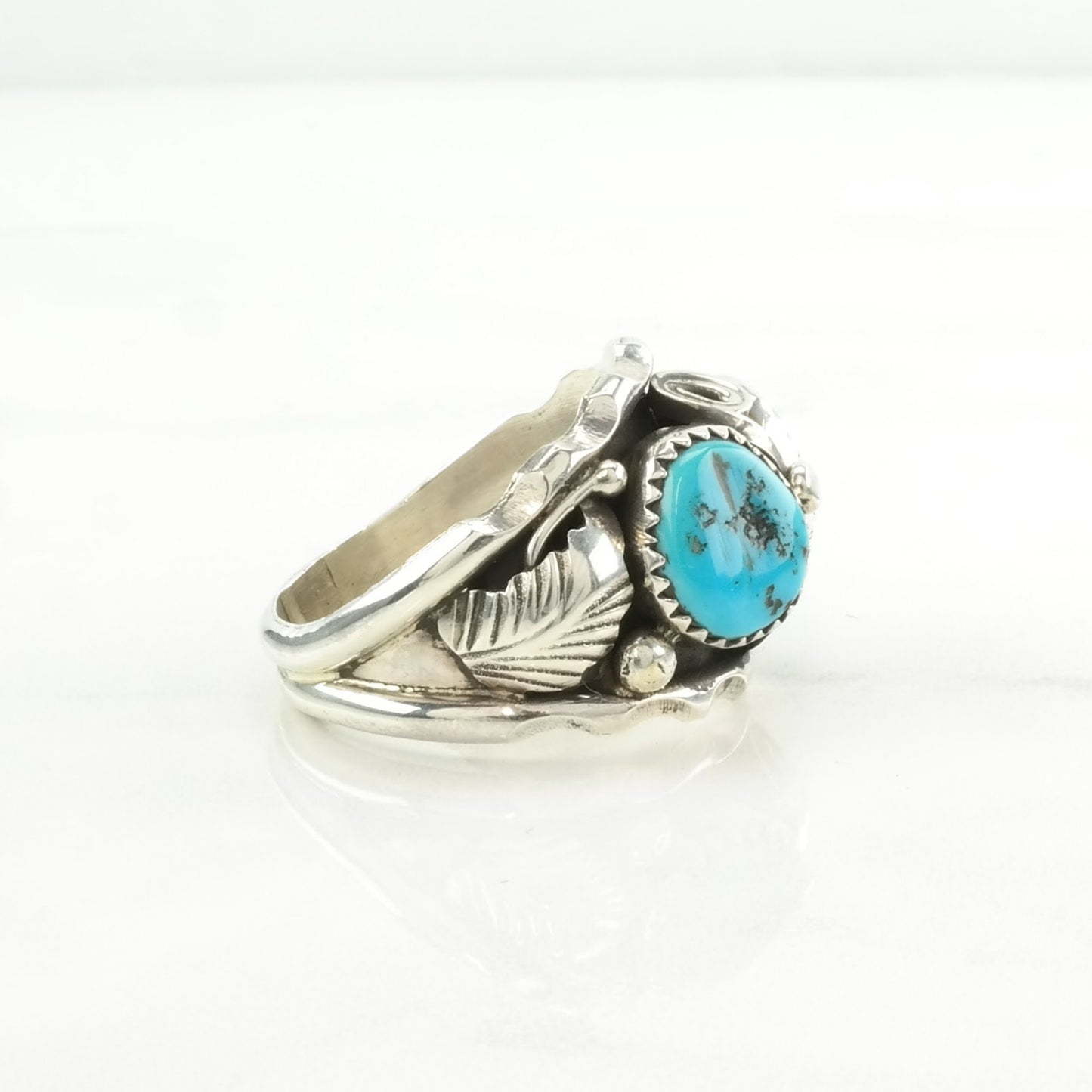 Native American Silver Ring Turquoise Leaf Sterling Blue Size 12 3/4