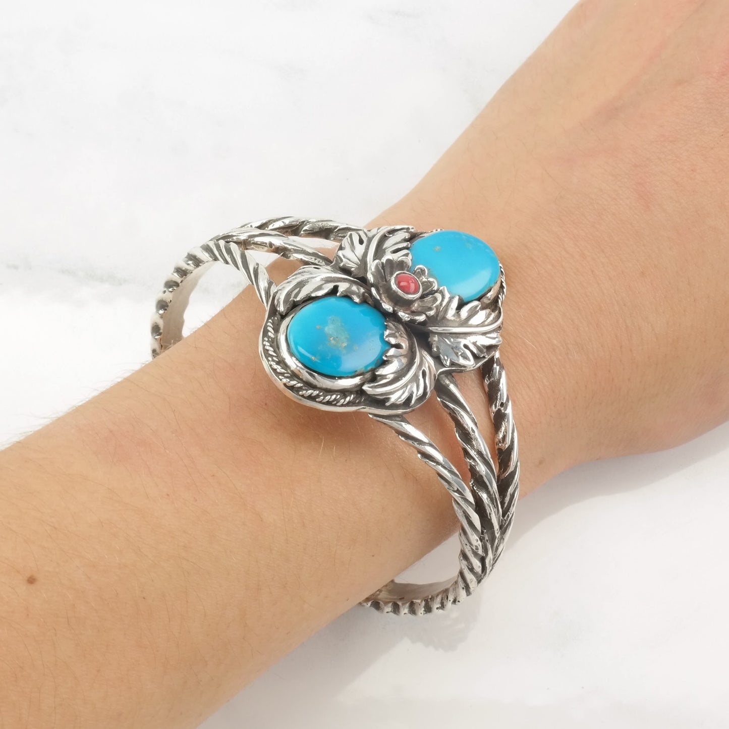 Southwest Sterling Silver Cuff Bracelet Turquoise, Coral Floral