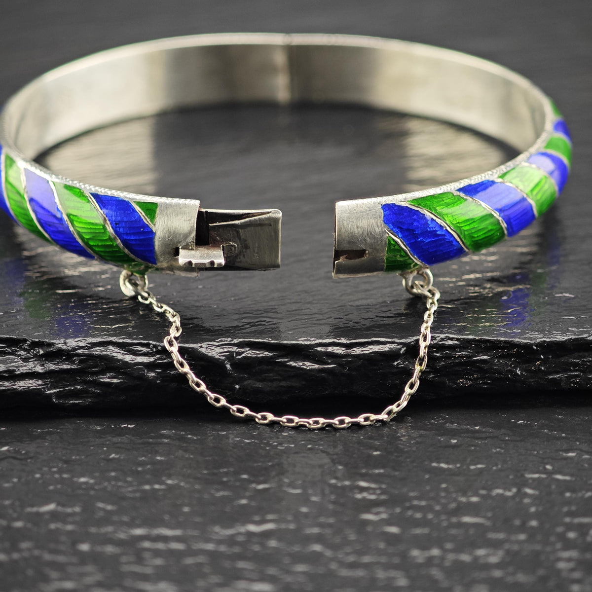 Blue, Green Striped Enamel Sterling Silver Bangle Bracelet Sz 7 1/4" BR3189