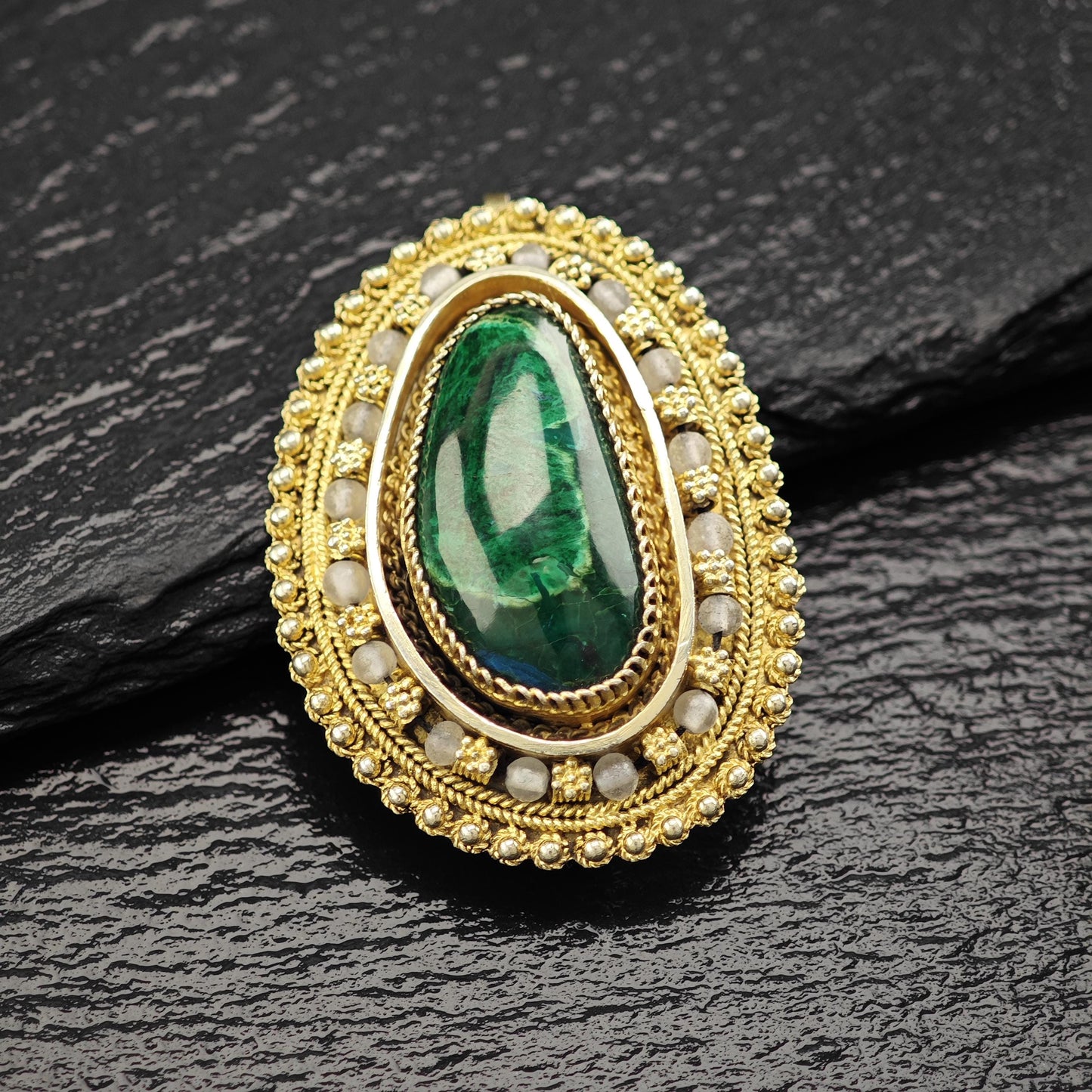 Eilat Stone Pendant/Brooch in Sterling Silver, Gold Gilded with Imitation Pearls