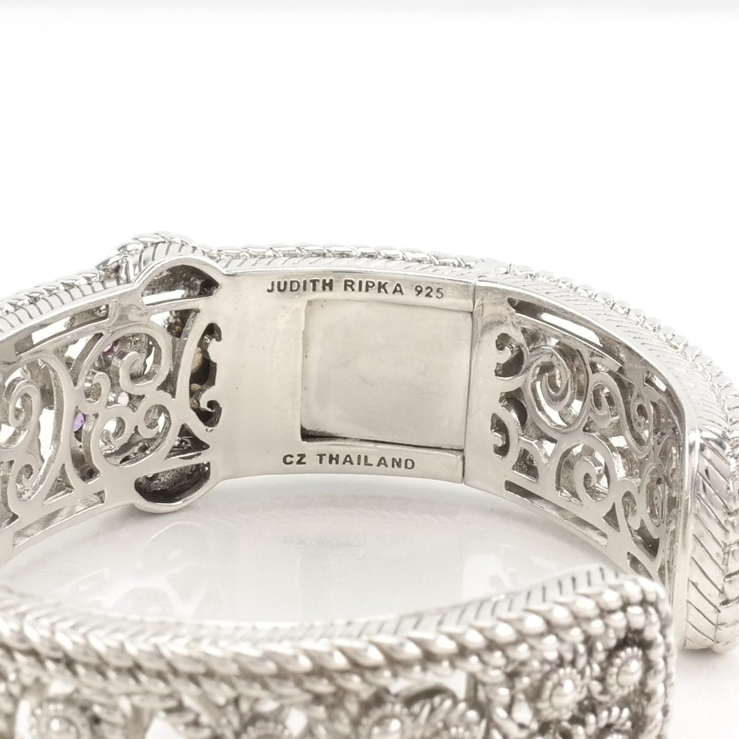 Judith Ripka Cuff Bracelet Sterling Silver Colored CZ Scroll Hinged