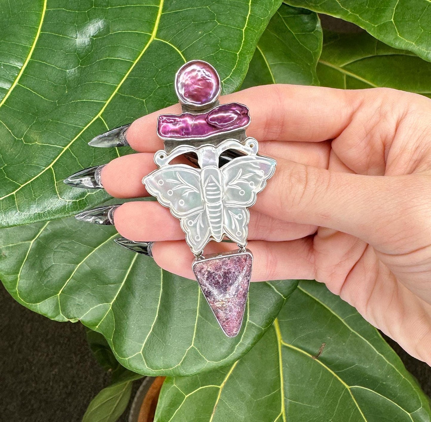 Vintage AKR Sterling Silver, Carved Mother-of-Pearl Butterfly, Sugilite, and Freshwater Pearl Pendant, Designer Signed, Statement Pendant
