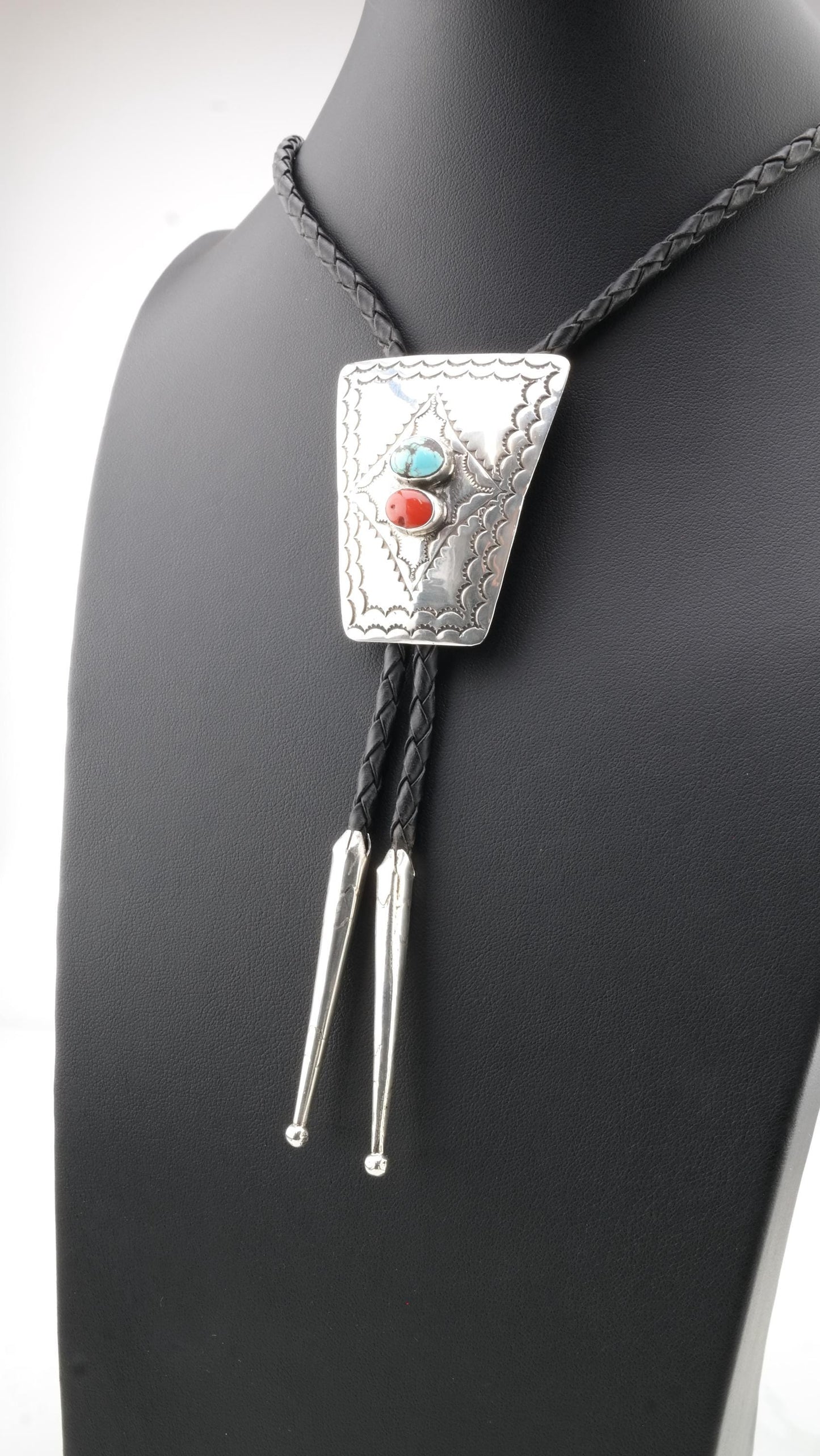 Native American Sterling Silver Blue, Red Turquoise Coral Bolo Tie Necklace