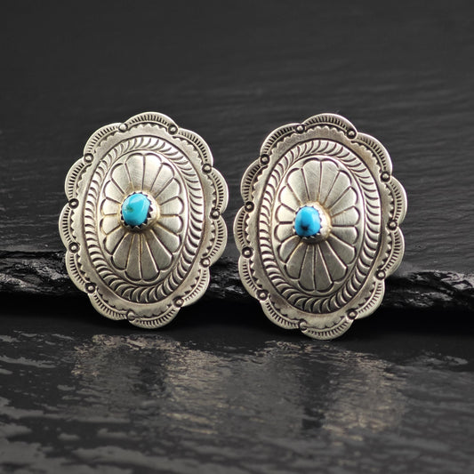 Native Turquoise Concho Clip On Sterling Silver Earrings ER3233
