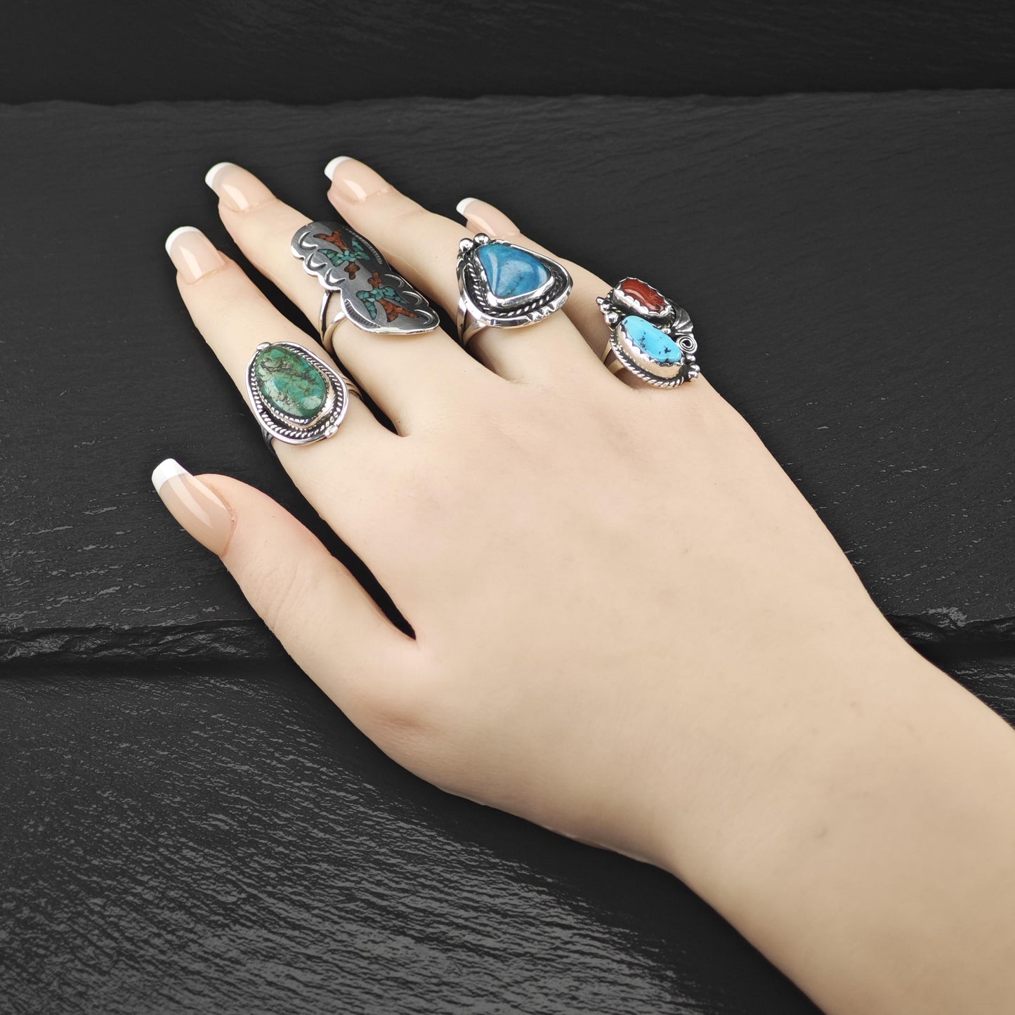 Native American Turquoise Coral Inlay Ring Sterling Silver