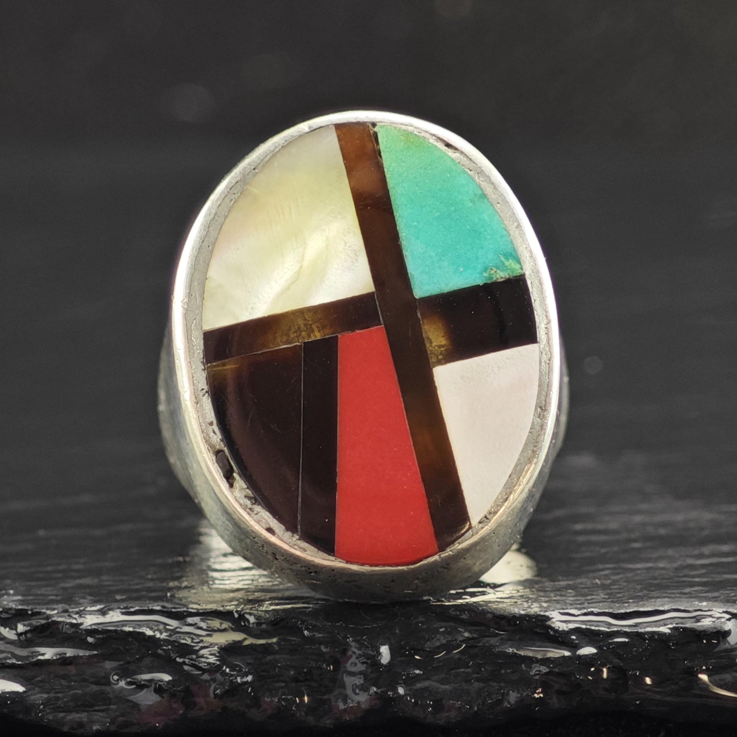 Large Native American Inlay Sterling Silver Ring Sz 12