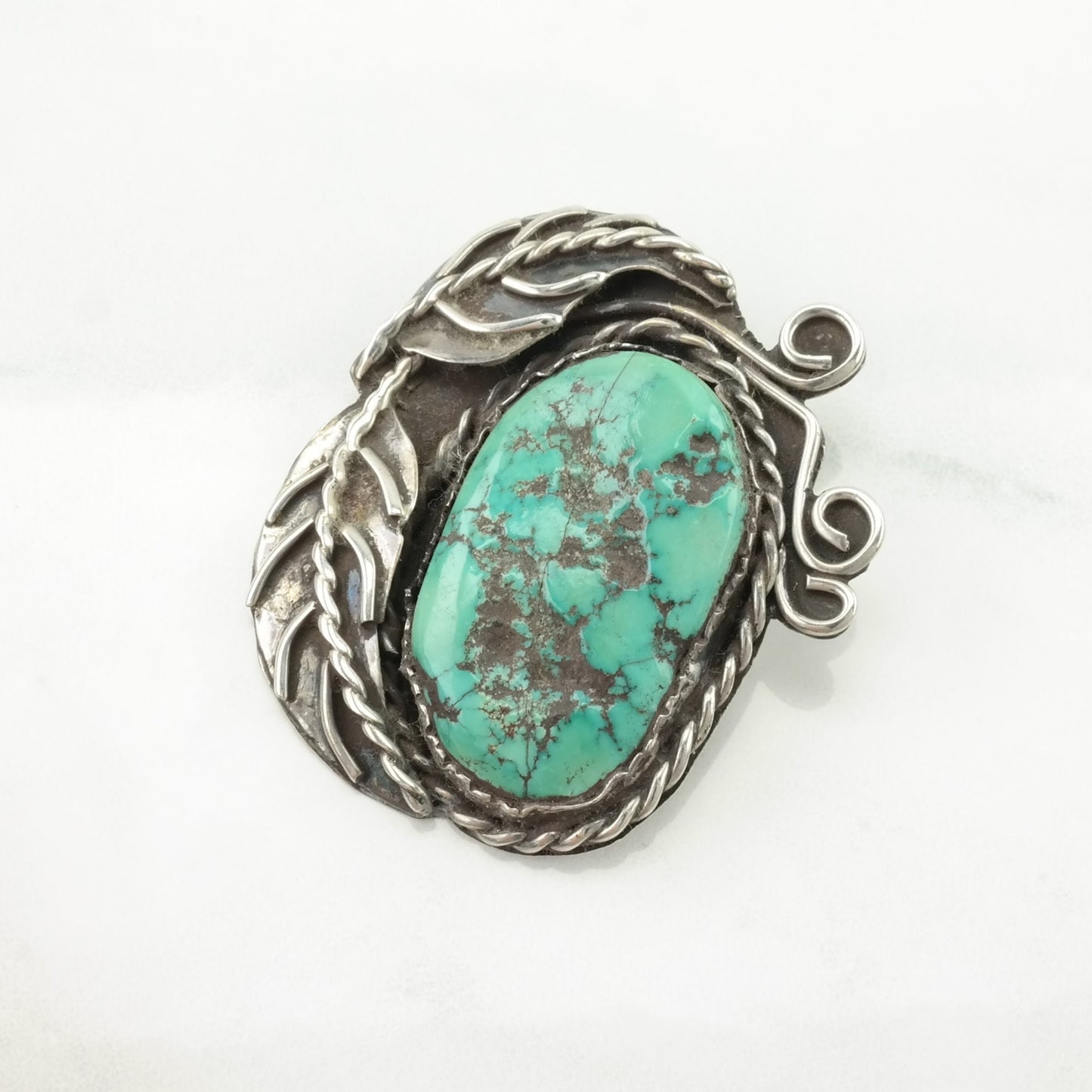 Native American Turquoise Leaf, Large Sterling Silver Pendant