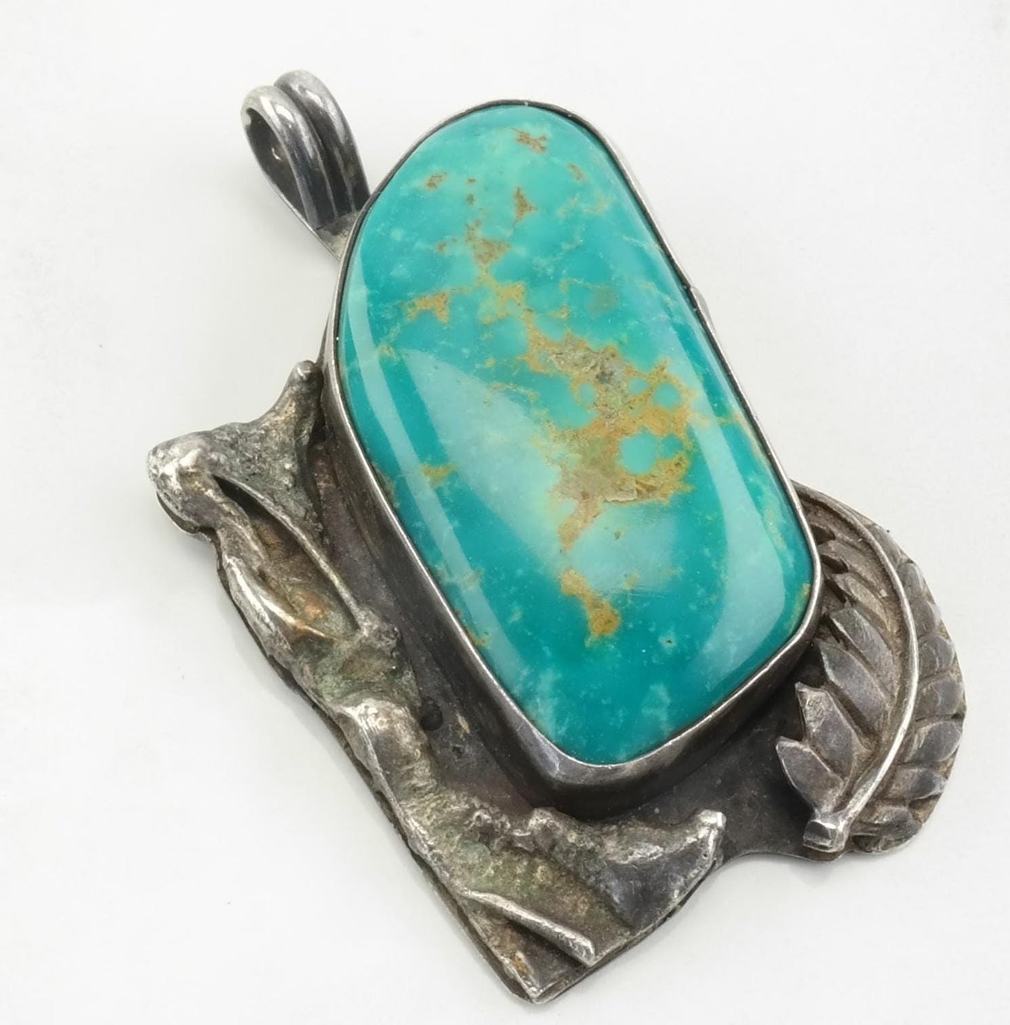 Vintage Southwest Turquoise Leaf Sterling Silver Pendant