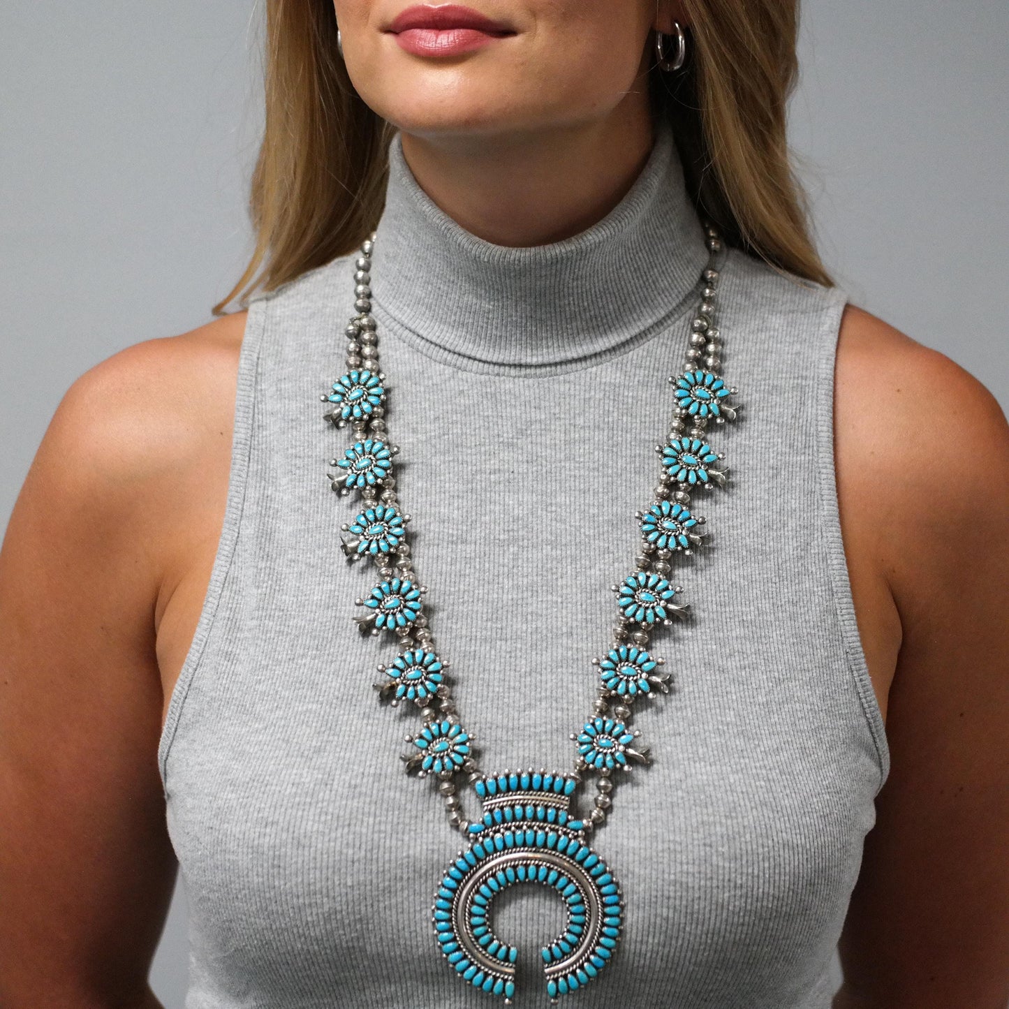 Historic Alice Quam, Zuni, Native American Squash Blossom Necklace Sterling Silver