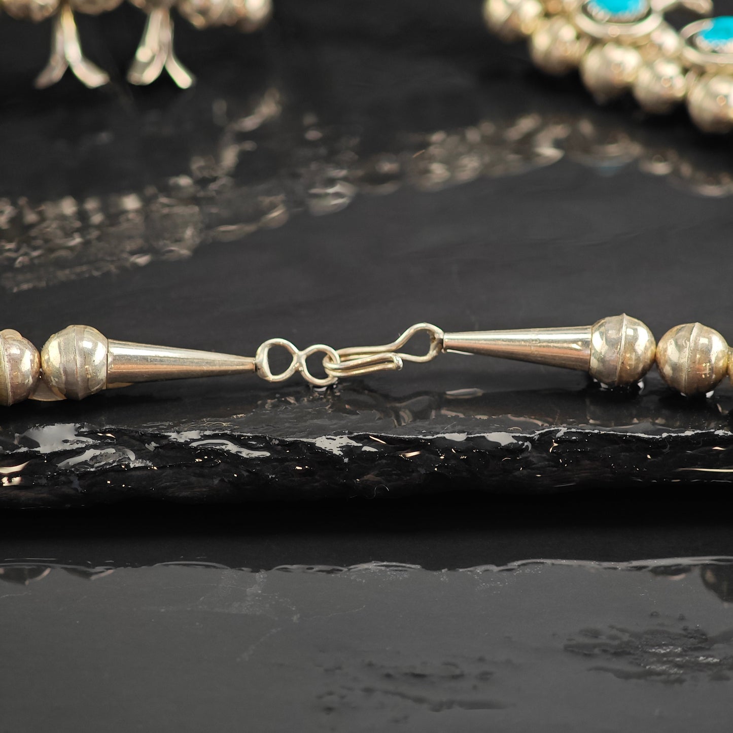 Vintage Native American Turquoise Sterling Silver Squash Blossom Necklace N2721