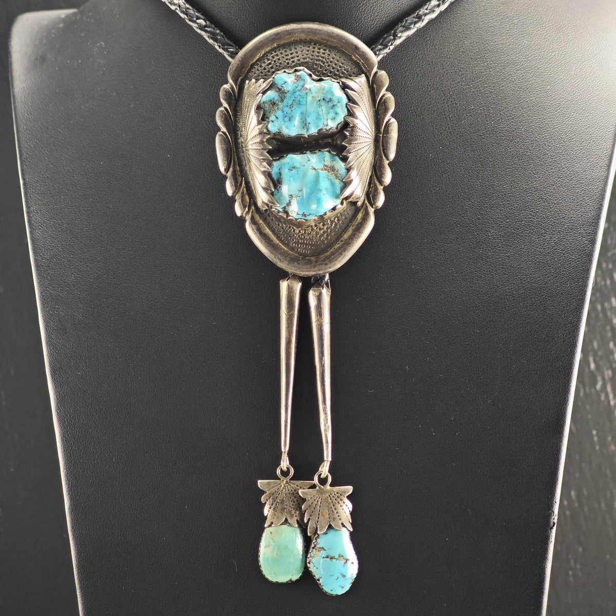 Vintage Turquoise, Zuni Robert & Bernice Leekya Sterling Silver Bolo Tie Necklace N2768