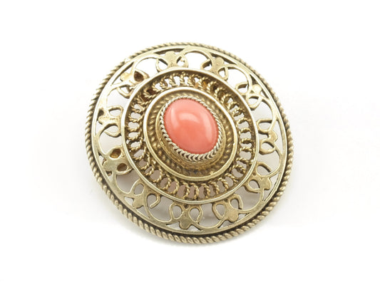 Vintage Coral Brooch Pendant Sterling Silver Gold Hue