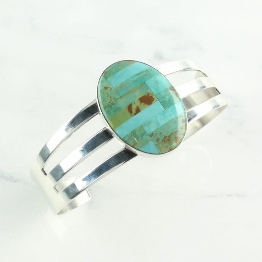 DTR Sterling Silver Cuff Bracelet Blue Turquoise Inlay