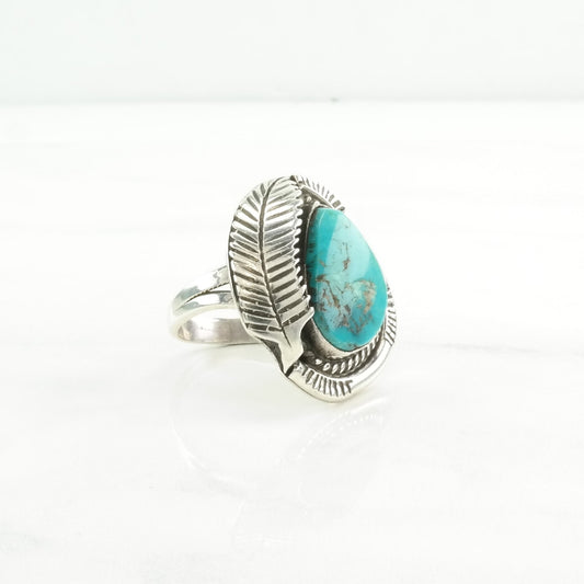 Native American Silver Ring Turquoise Leaf Sterling Blue Size 8