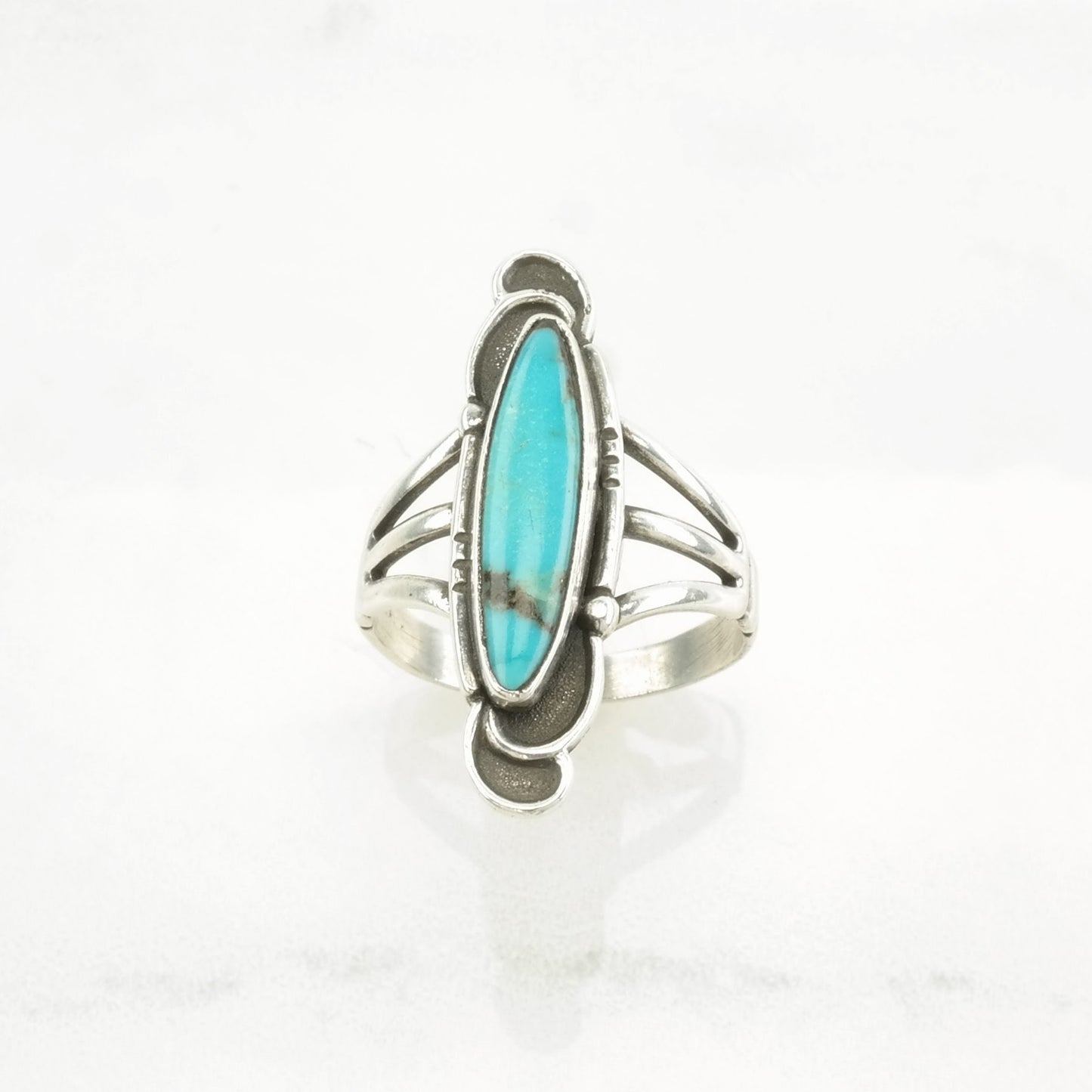 Sterling Silver Ring Turquoise Navette Blue Size 8 1/4