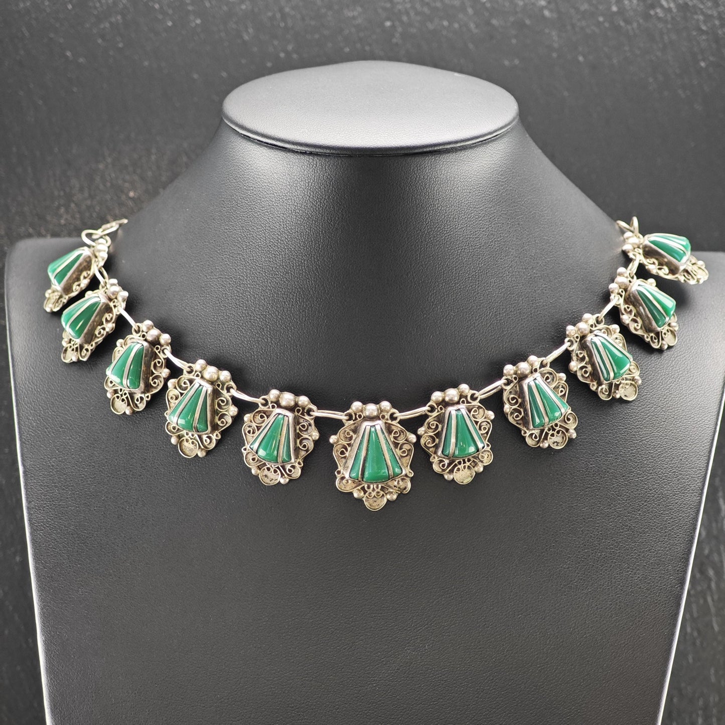 Sterling Silver Necklace: Taxco Green Onyx - Estate Jewelry