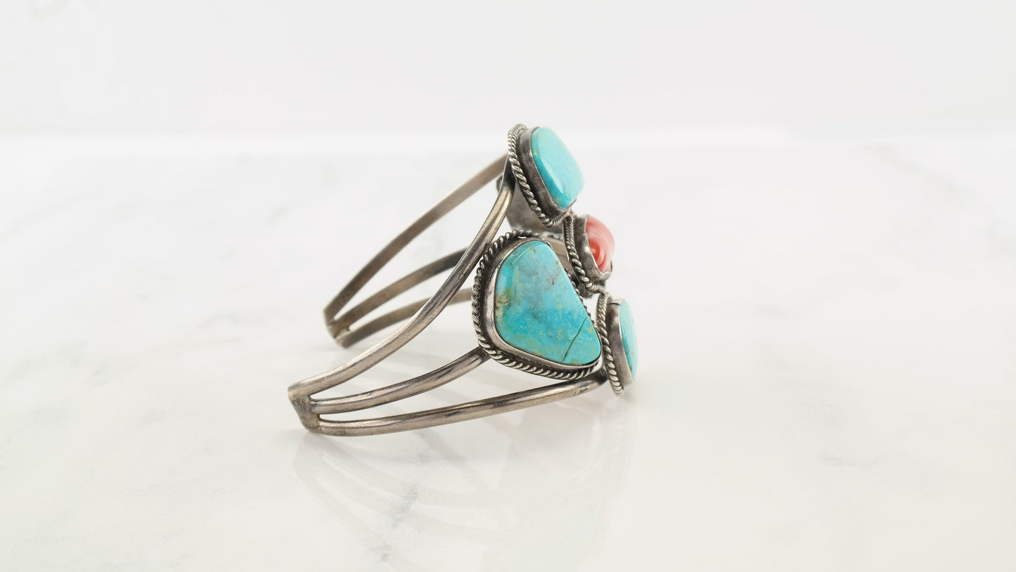 Native American Sterling Silver Cuff Bracelet Blue, Orange Turquoise, Coral