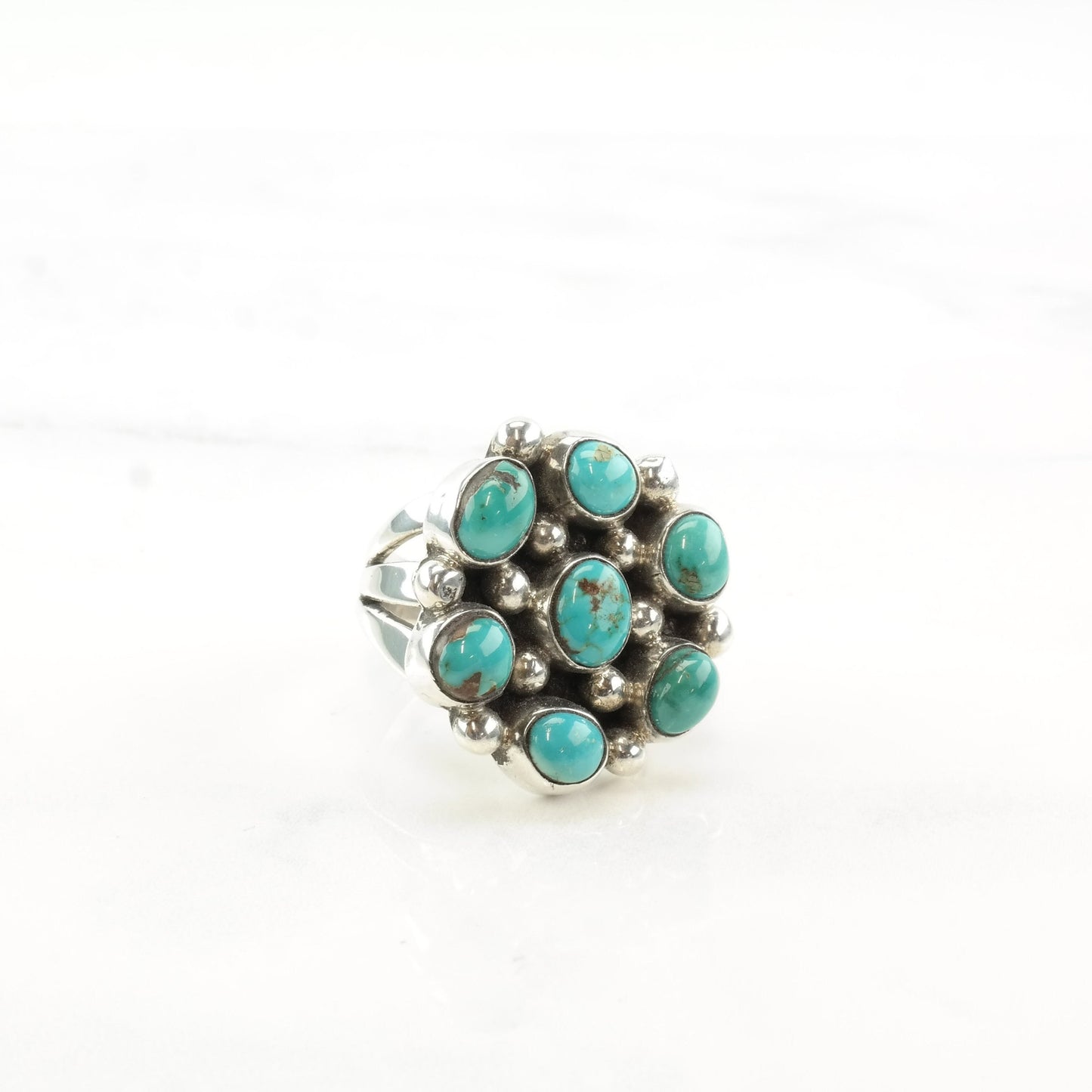 Zuni Silver Ring Turquoise Flower Cluster Sterling Size 6 1/4