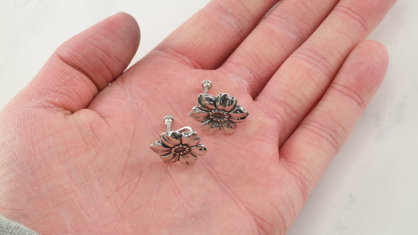 Art Nouveau Silver Flower Earrings Screw Back Clip-On