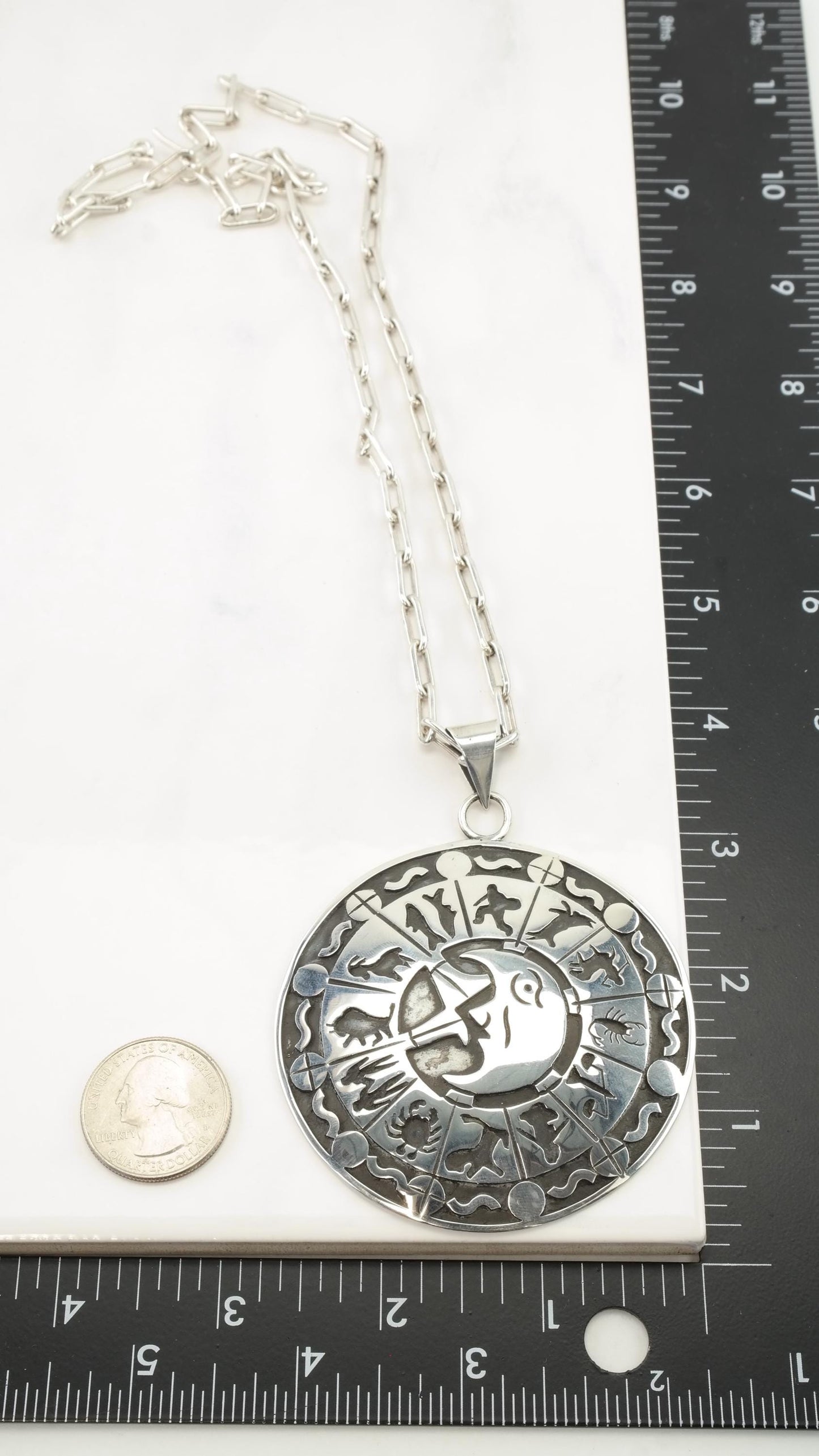 Taxco Zodiac Pendant Necklace, Sterling Silver, Large Round Pendant, Paperclip Chain, 1980s