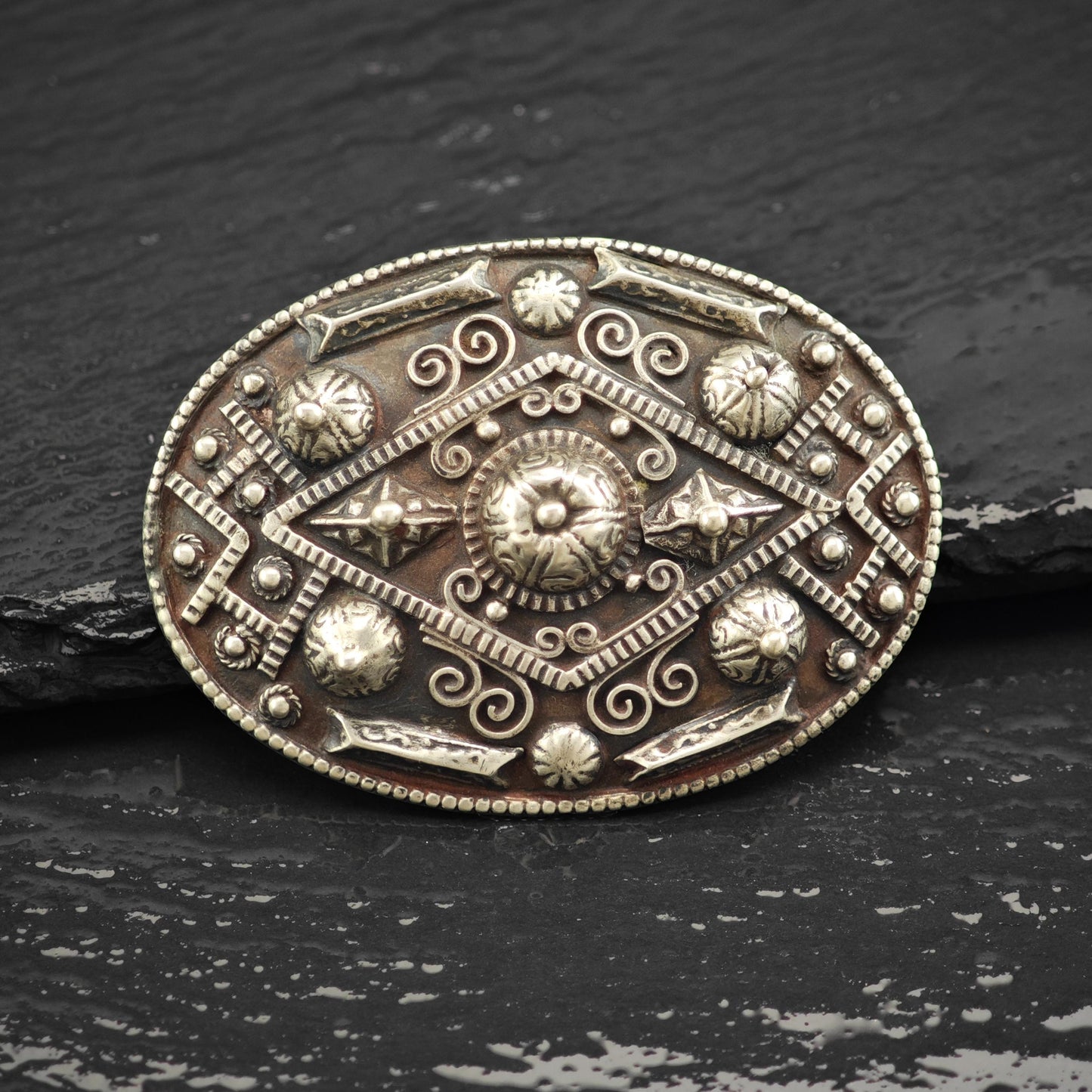 Vintage Tribal Sterling Silver Oval Brooch Unique Artisan Jewelry