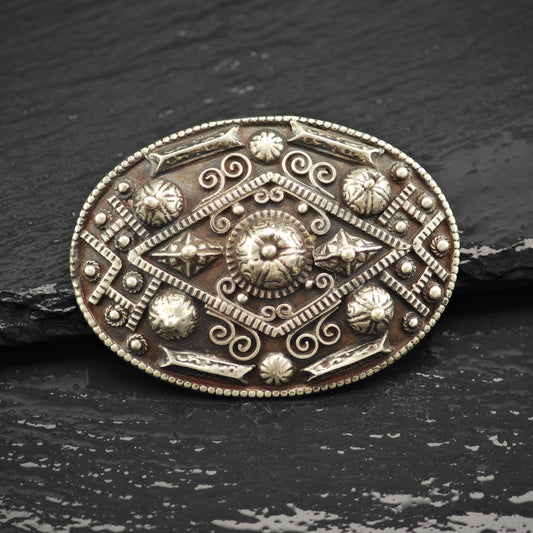 Vintage Tribal Sterling Silver Oval Brooch Unique Artisan Jewelry