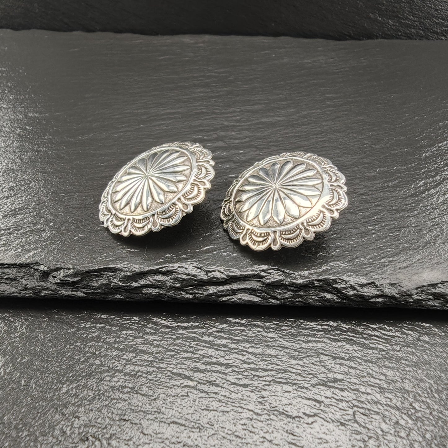 Vintage Concho Round, Shield Stud Earrings Sterling Silver