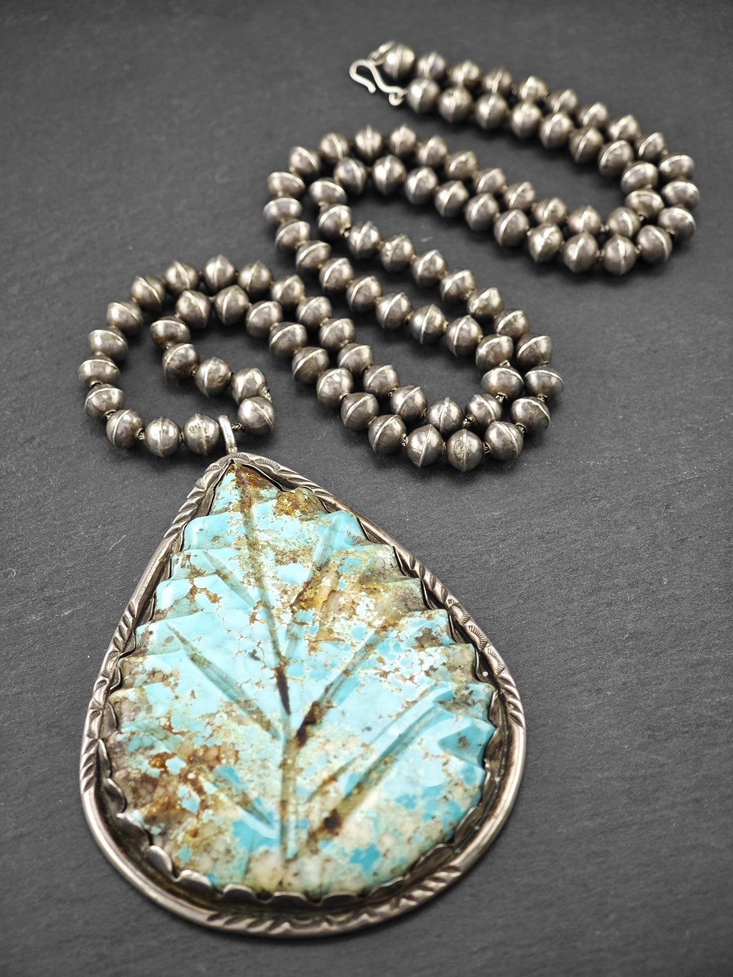 Native American Blue Royston, Beaded Necklace Sterling Silver