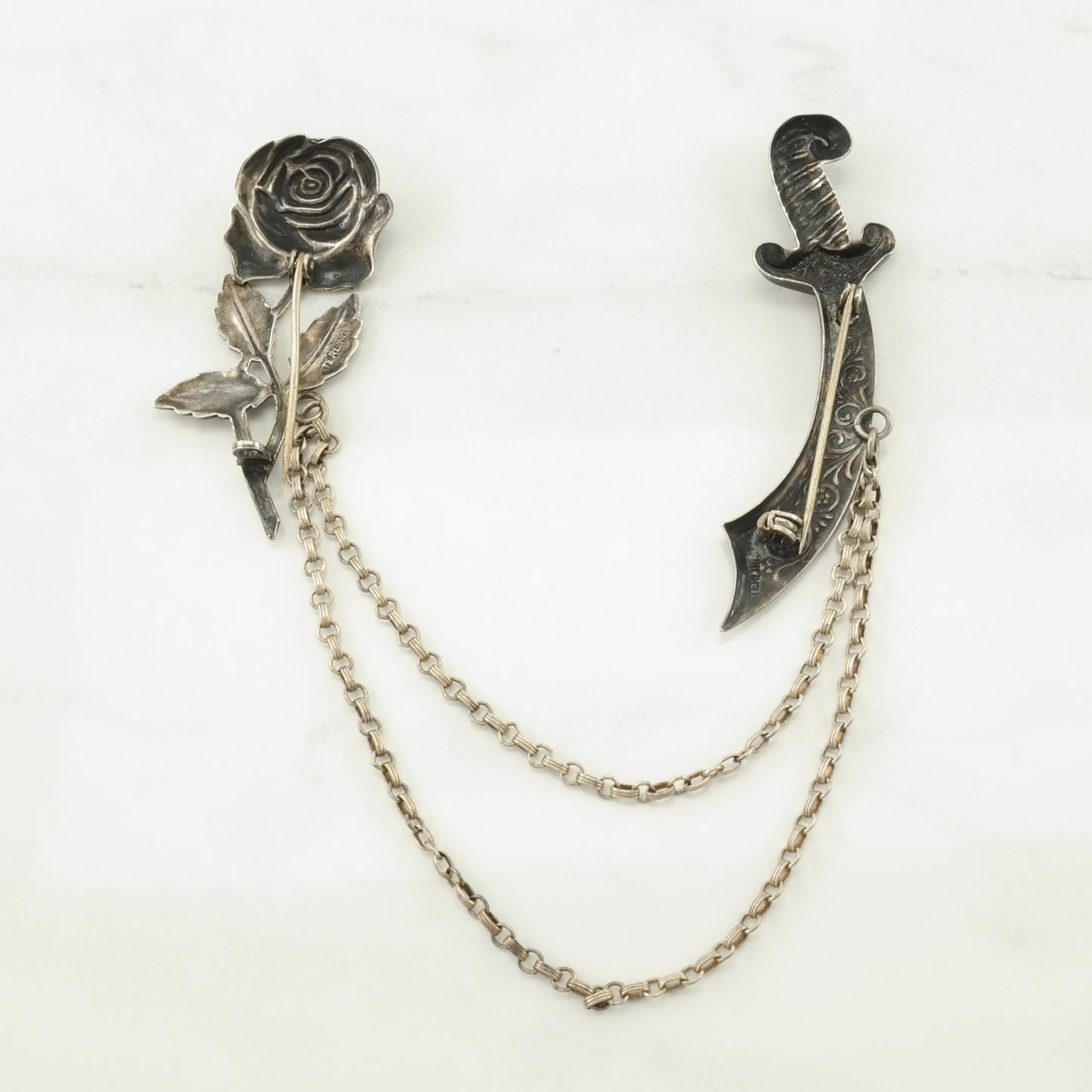 Double Scimitar Rose Brooch Mid Century Sterling Silver Collar Chain