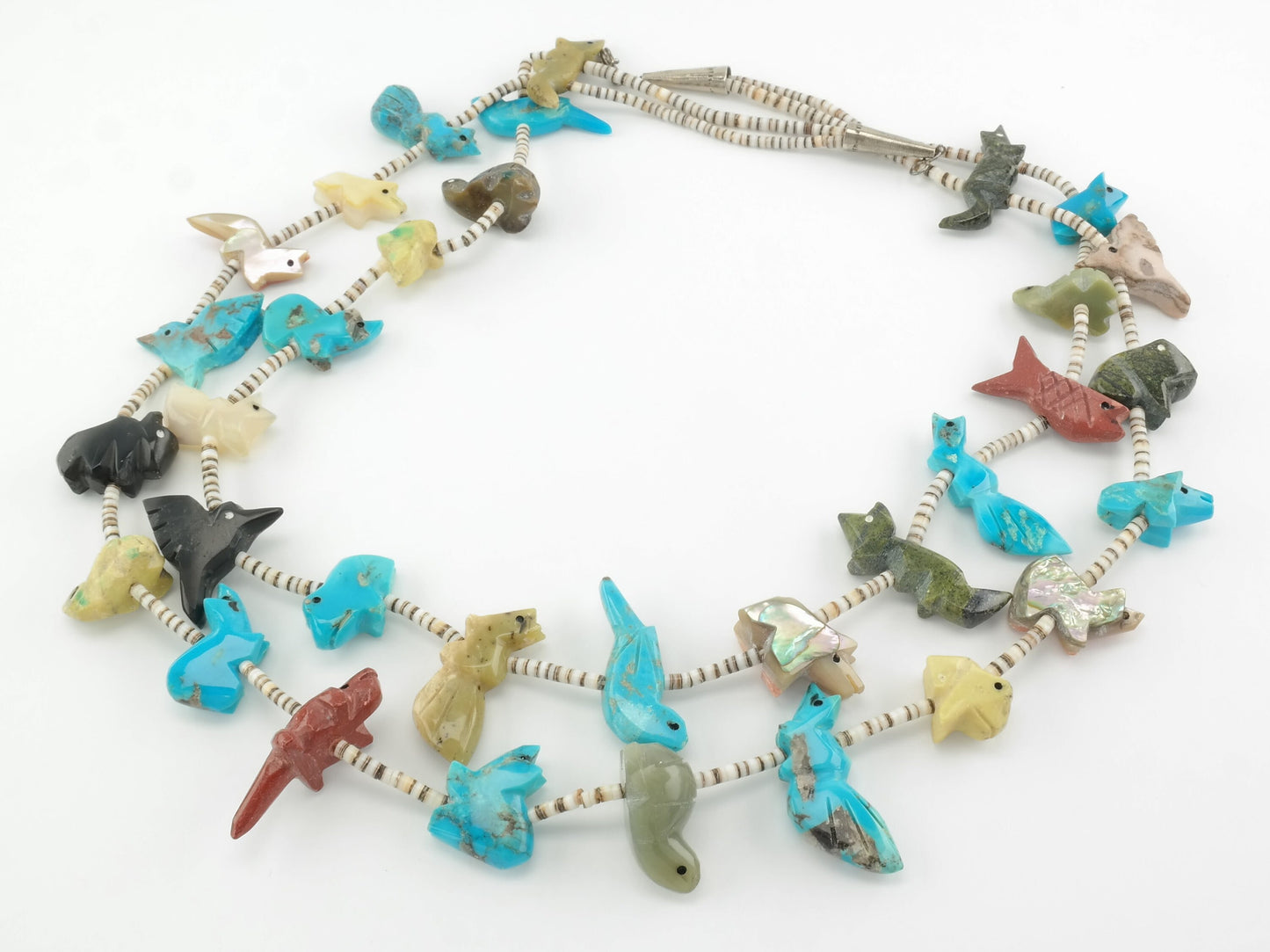 Vintage Zuni Turquoise, Multi Gem, Animal Carvings, Heishi, Bead, Sterling Silver Necklace