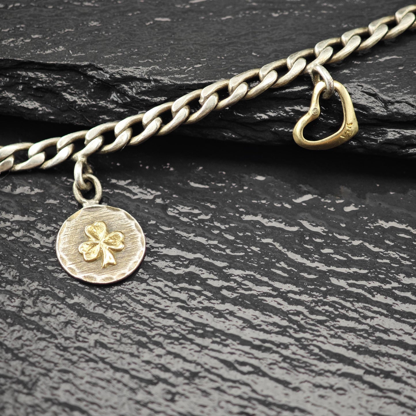 1940's Charms Bracelet 14K Gold Accents Sterling Silver Size 7 3/4"